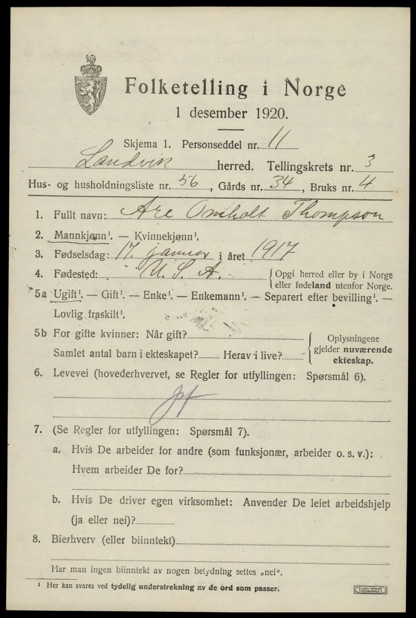 SAK, 1920 census for Landvik, 1920, p. 3452