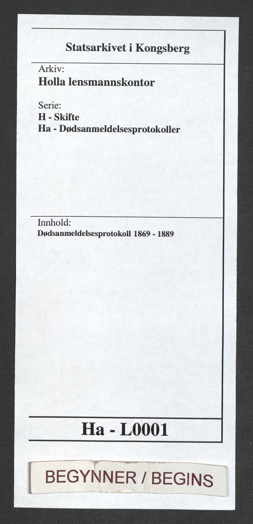 Holla lensmannskontor, AV/SAKO-A-560/H/Ha/L0001: Dødsanmeldelsesprotokoll, 1869-1889