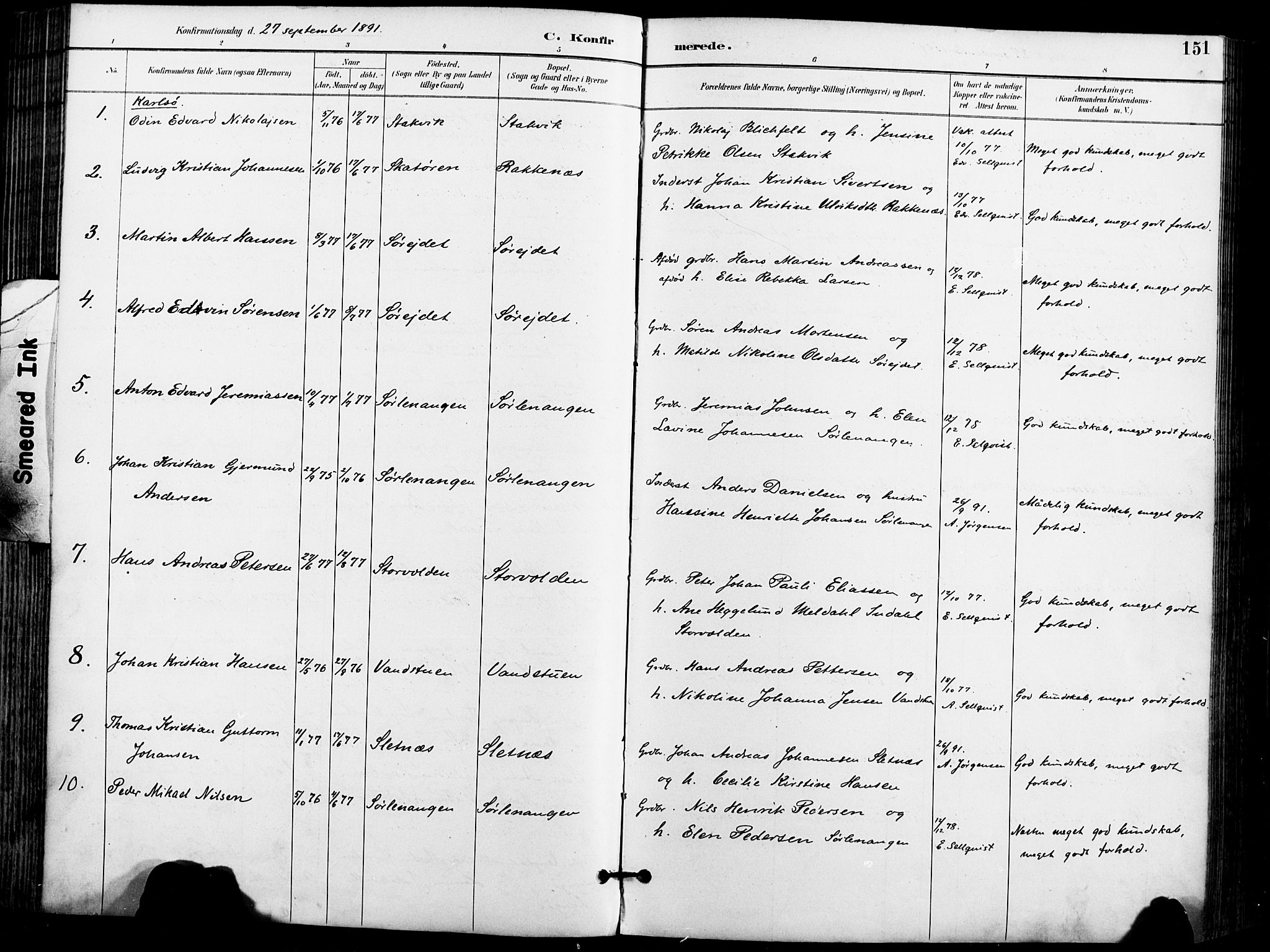 Karlsøy sokneprestembete, SATØ/S-1299/H/Ha/Haa/L0007kirke: Parish register (official) no. 7, 1891-1902, p. 151