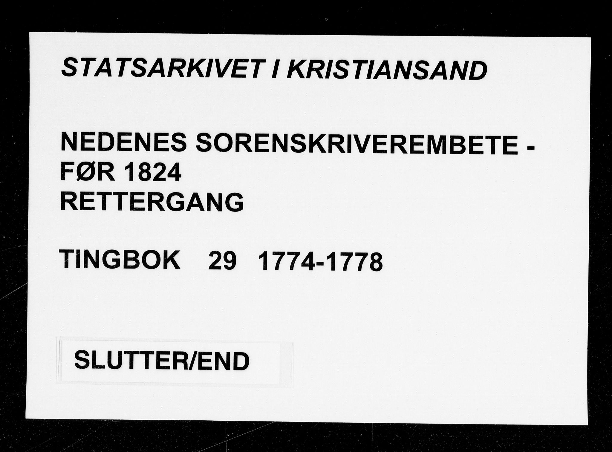 Nedenes sorenskriveri før 1824, AV/SAK-1221-0007/F/Fa/L0034: Tingbok med register nr 29, 1774-1778