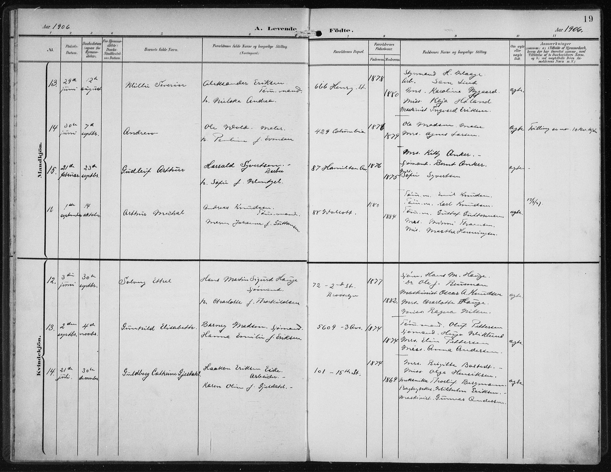 Den norske sjømannsmisjon i utlandet/New York, AV/SAB-SAB/PA-0110/H/Ha/L0005: Parish register (official) no. A 5, 1902-1908, p. 19