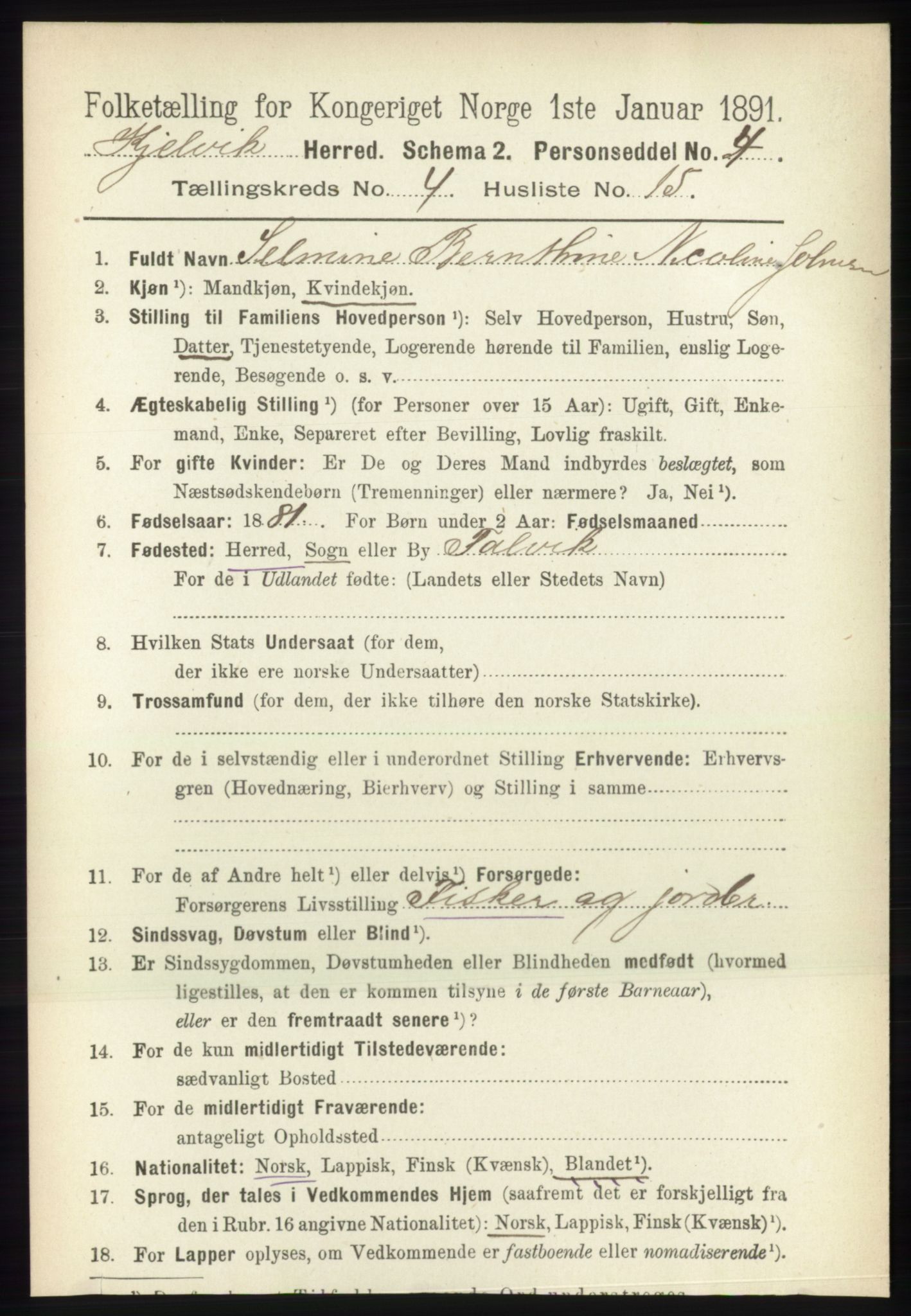 RA, 1891 census for 2019 Kjelvik, 1891, p. 524
