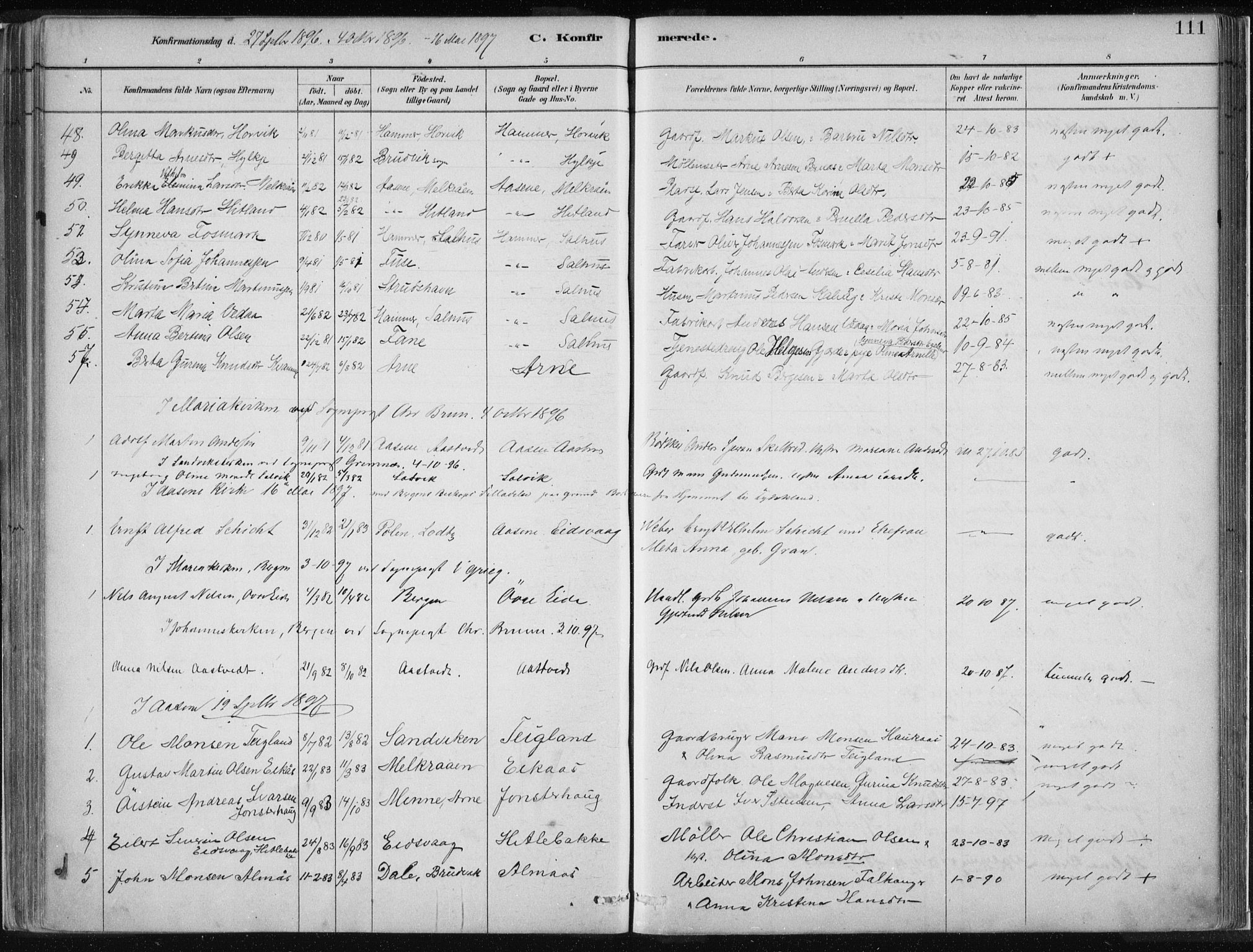 Hamre sokneprestembete, SAB/A-75501/H/Ha/Haa/Haad/L0001: Parish register (official) no. D  1, 1882-1906, p. 111