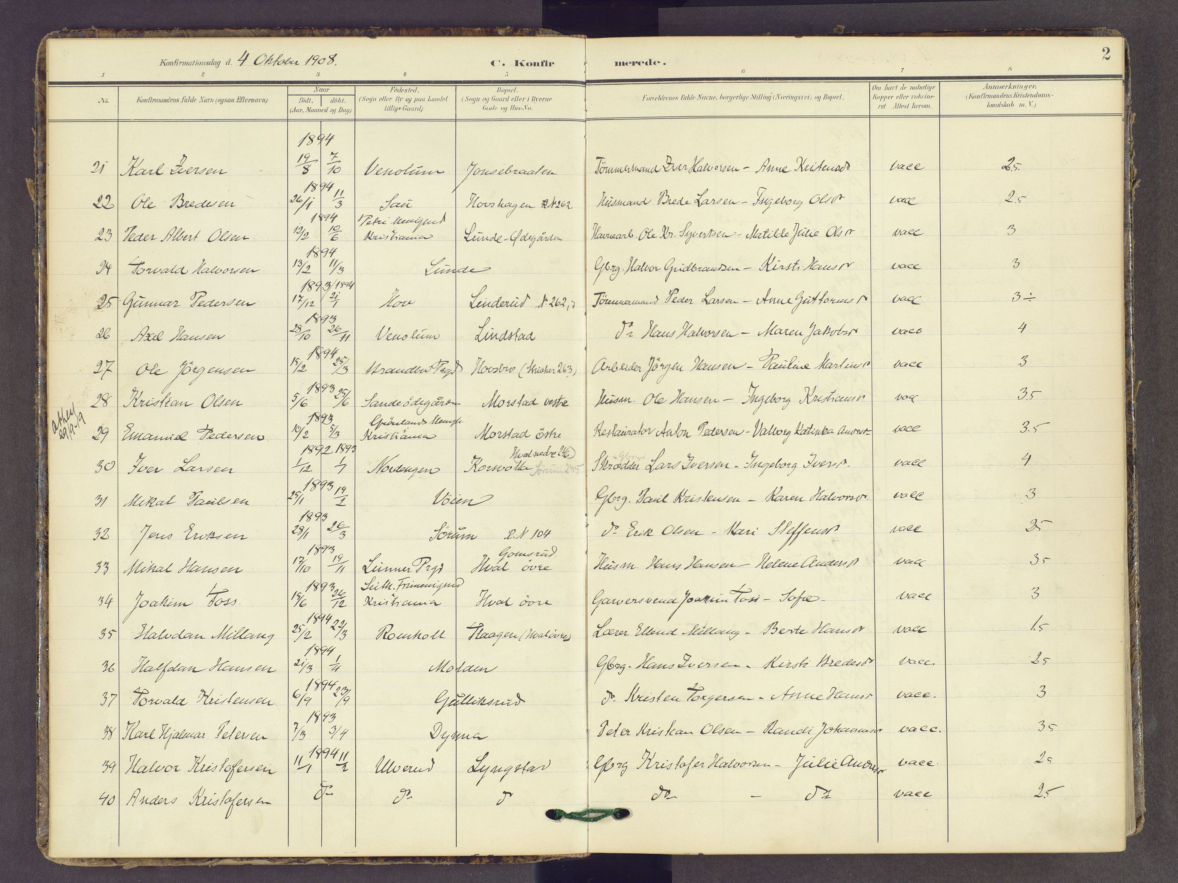 Gran prestekontor, AV/SAH-PREST-112/H/Ha/Haa/L0022: Parish register (official) no. 22, 1908-1918, p. 2