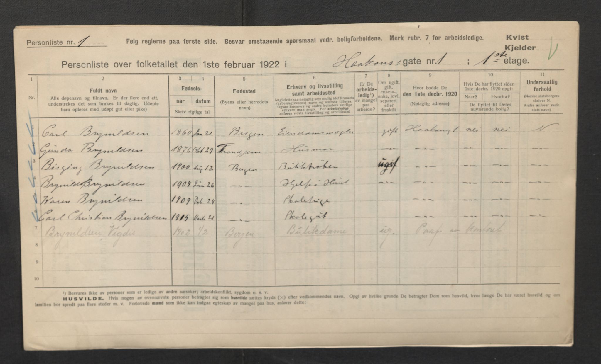 SAB, Municipal Census 1922 for Bergen, 1922, p. 11663