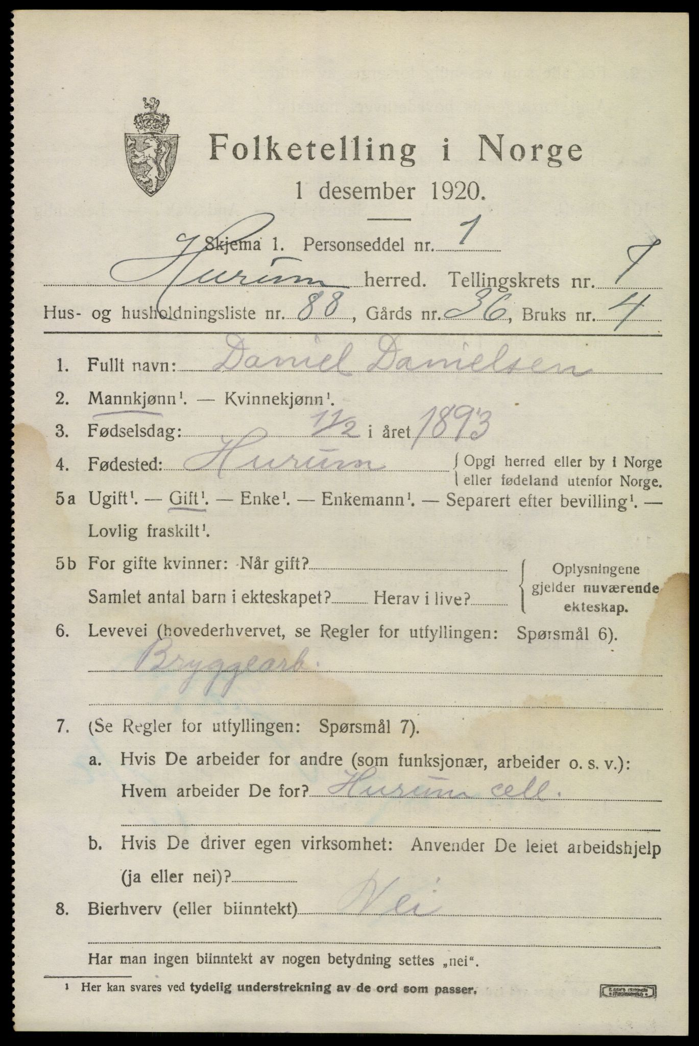 SAKO, 1920 census for Hurum, 1920, p. 10098