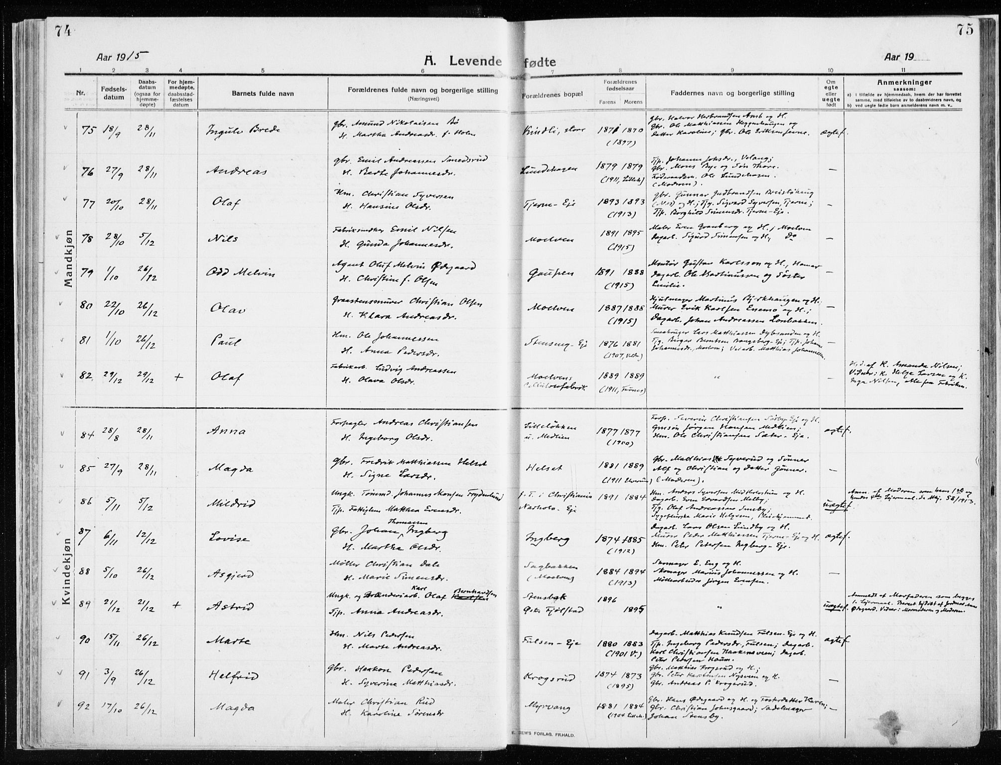 Ringsaker prestekontor, AV/SAH-PREST-014/K/Ka/L0020: Parish register (official) no. 20, 1913-1922, p. 74-75