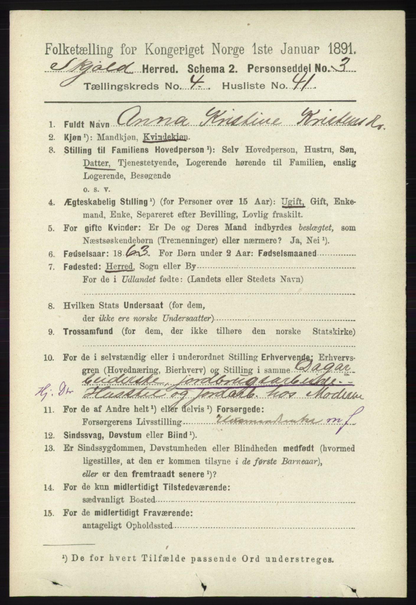 RA, 1891 census for 1154 Skjold, 1891, p. 724