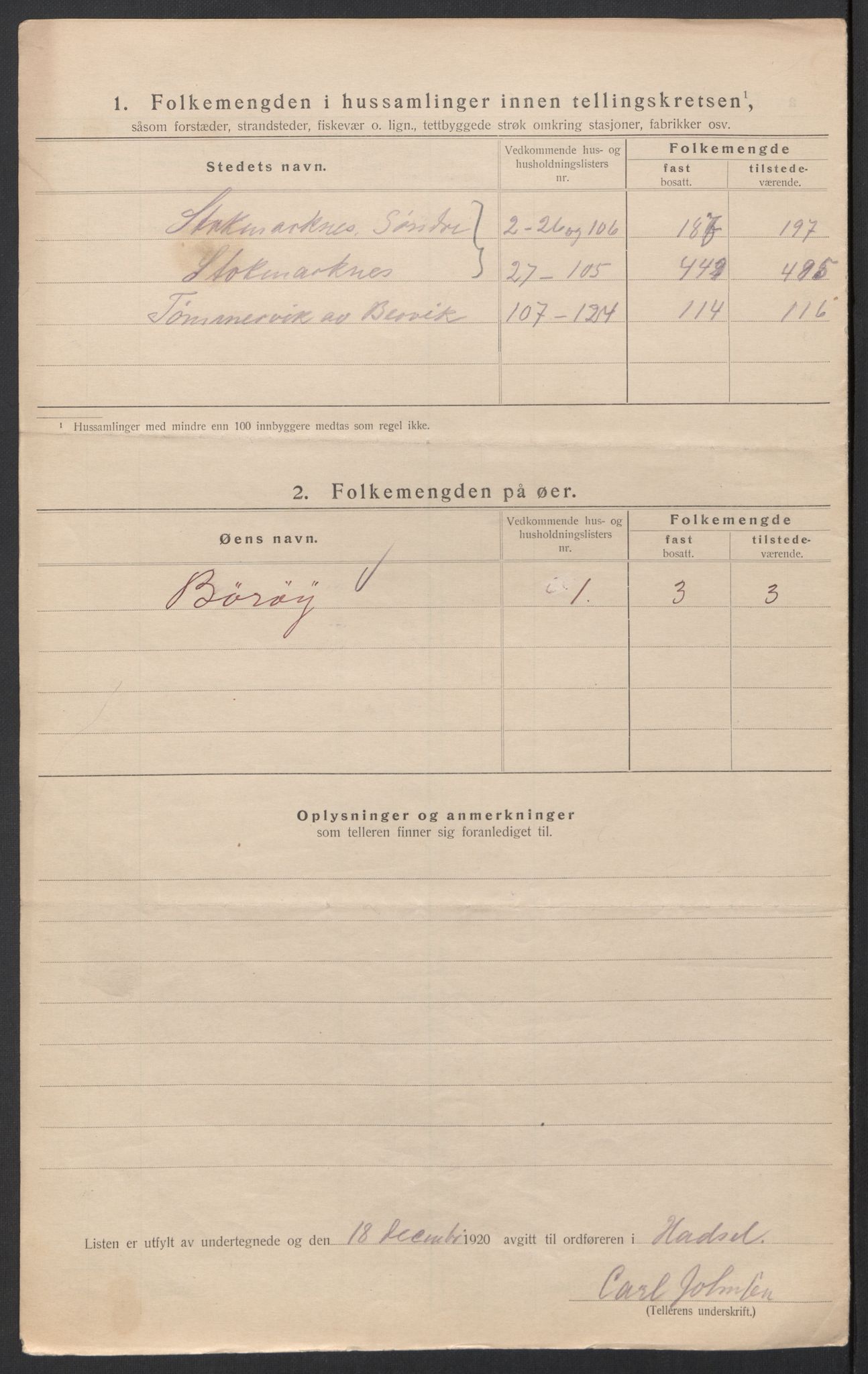 SAT, 1920 census for Hadsel, 1920, p. 65