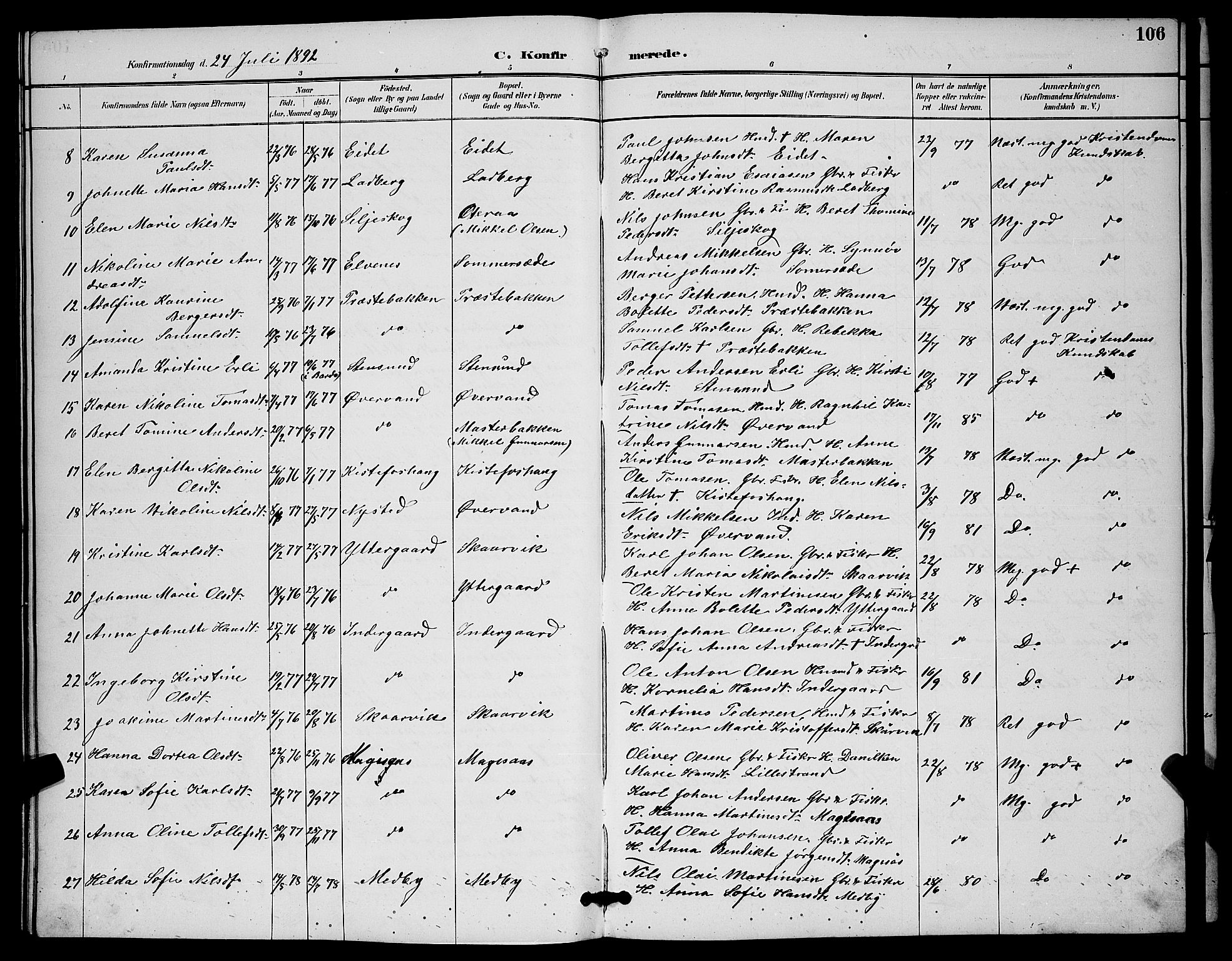 Ibestad sokneprestembete, AV/SATØ-S-0077/H/Ha/Hab/L0015klokker: Parish register (copy) no. 15, 1888-1899, p. 106