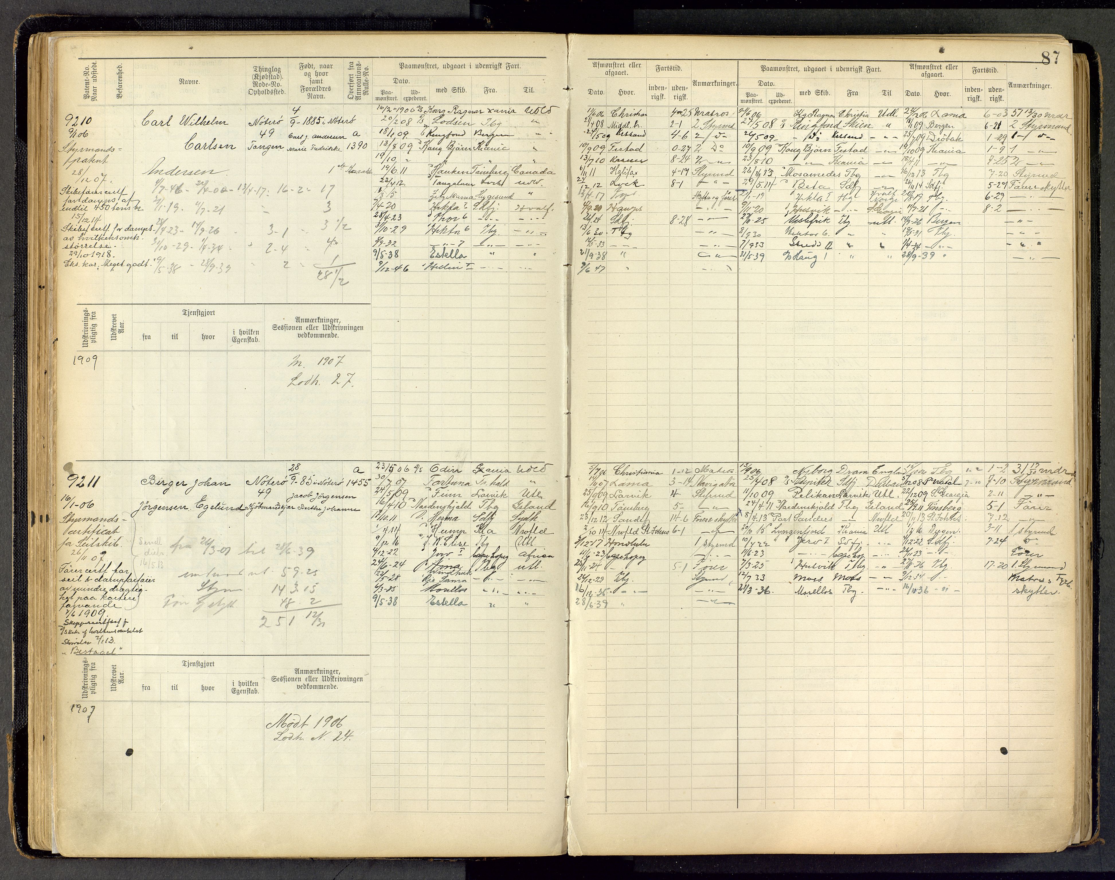 Tønsberg innrulleringskontor, AV/SAKO-A-786/F/Fc/Fca/L0011: Hovedrulle Patent nr. 9038-9992, 1900-1912, p. 87