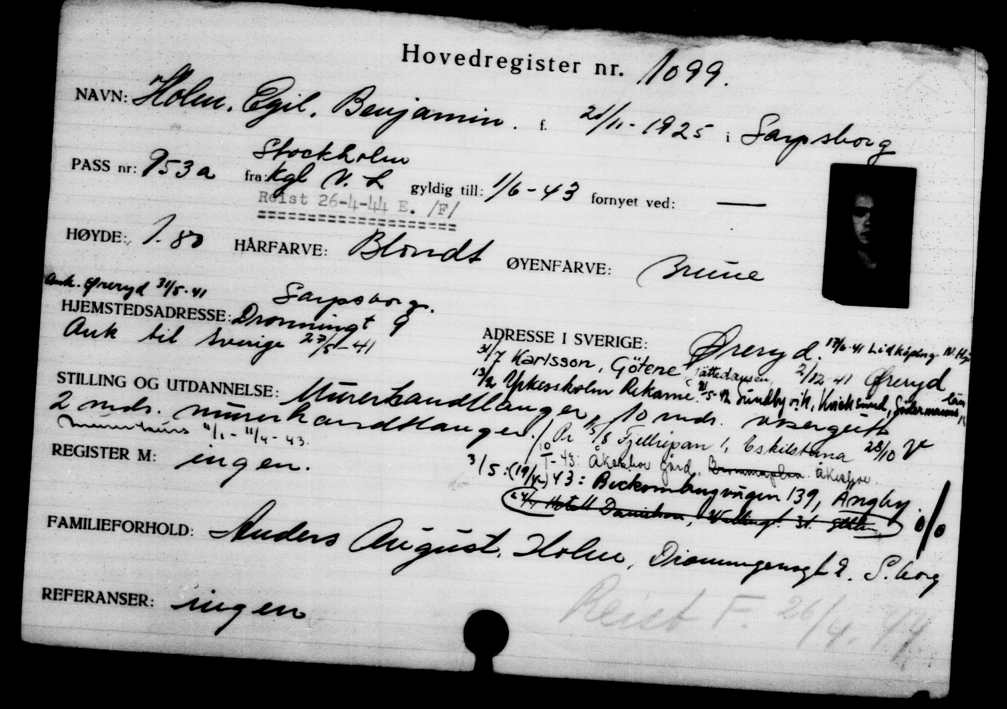 Utenriksstasjonene, Legasjonen i Stockholm, Flyktningkontoret, AV/RA-S-6753/V/Va/L0002: Kjesäterkartoteket, flyktninger med registreringsnr. 1001-2000, 1940-1945, p. 163