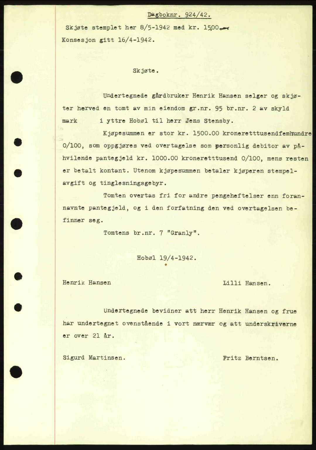 Moss sorenskriveri, SAO/A-10168: Mortgage book no. A9, 1941-1942, Diary no: : 924/1942
