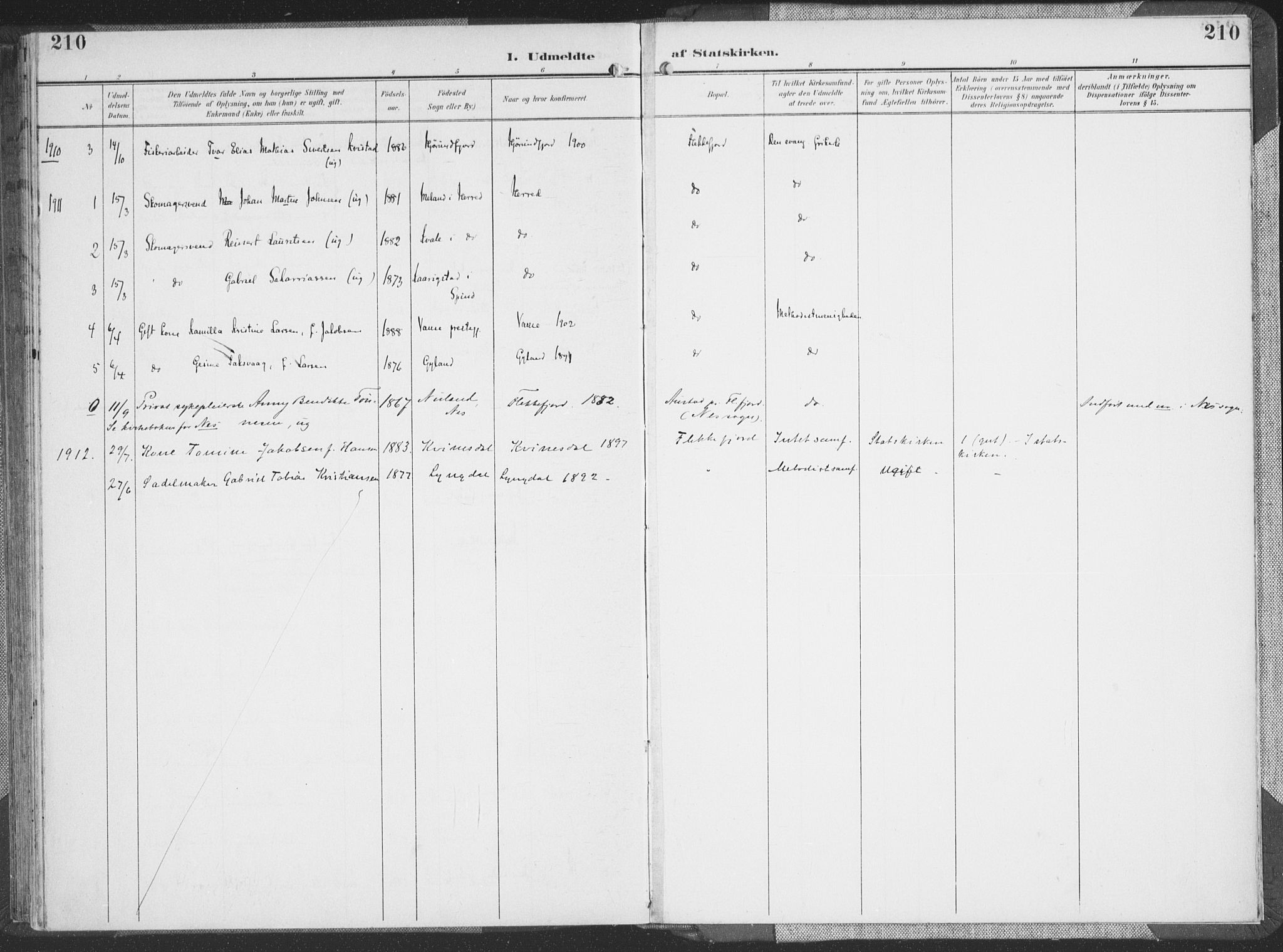 Flekkefjord sokneprestkontor, SAK/1111-0012/F/Fa/Faa/L0002: Parish register (official) no. A 2, 1900-1912, p. 210