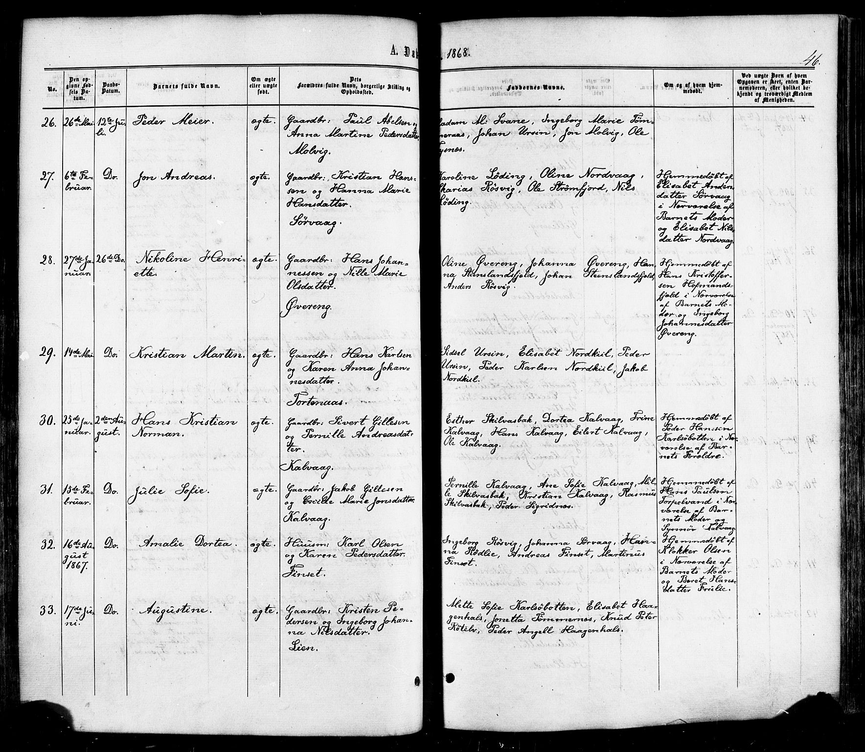Ministerialprotokoller, klokkerbøker og fødselsregistre - Nordland, SAT/A-1459/859/L0845: Parish register (official) no. 859A05, 1863-1877, p. 46