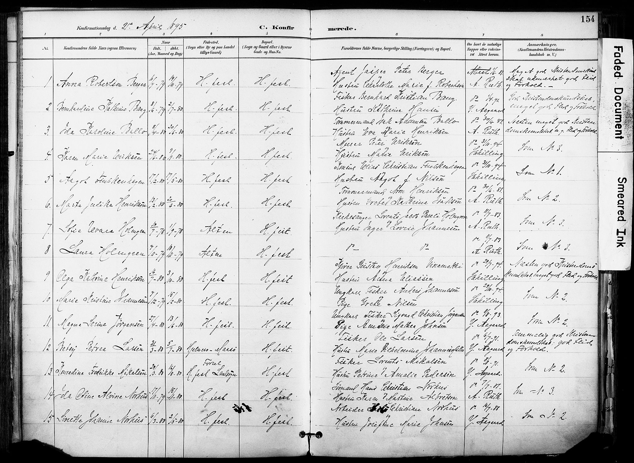 Hammerfest sokneprestkontor, SATØ/S-1347/H/Ha/L0009.kirke: Parish register (official) no. 9, 1889-1897, p. 154