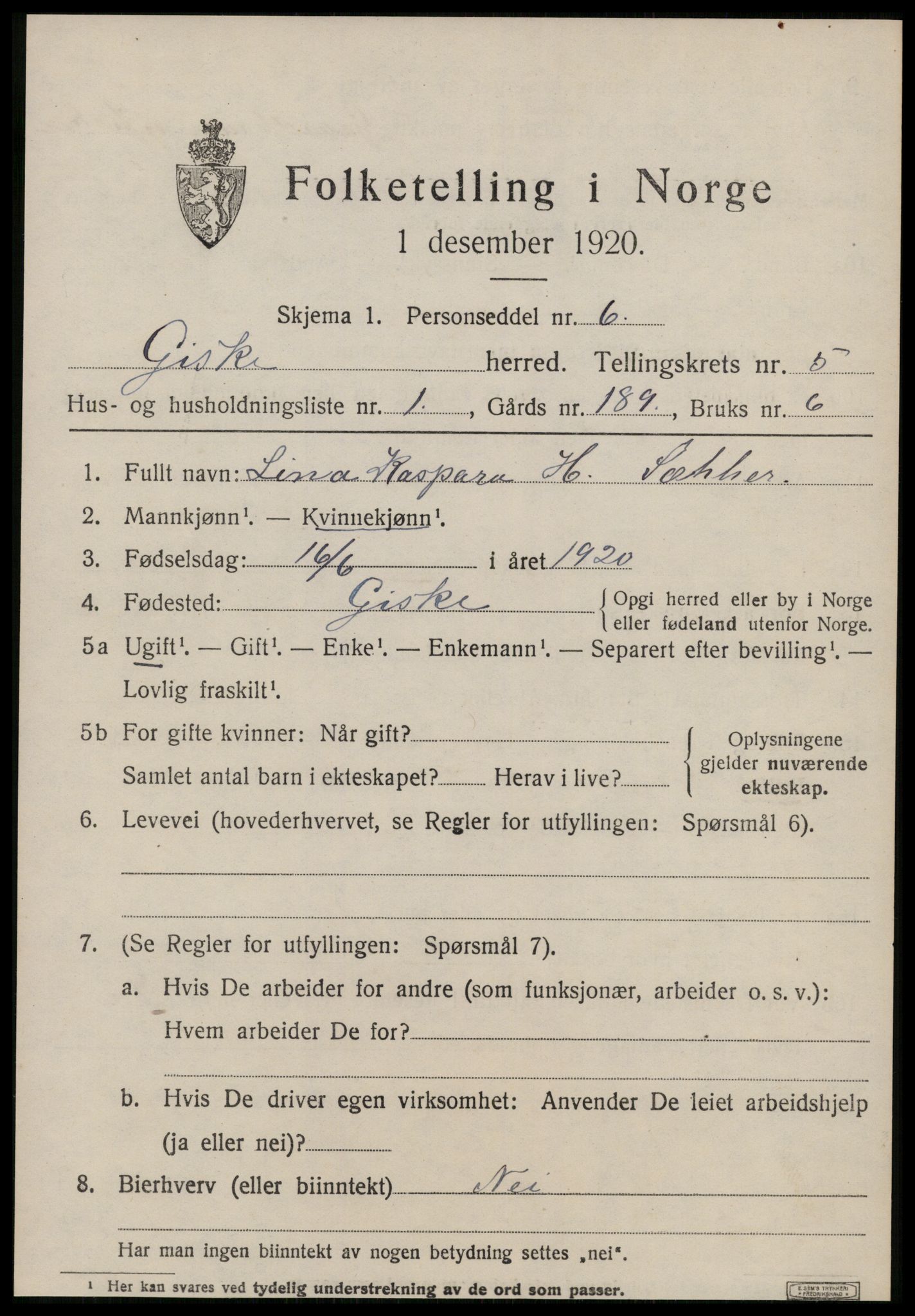 SAT, 1920 census for Giske, 1920, p. 3638