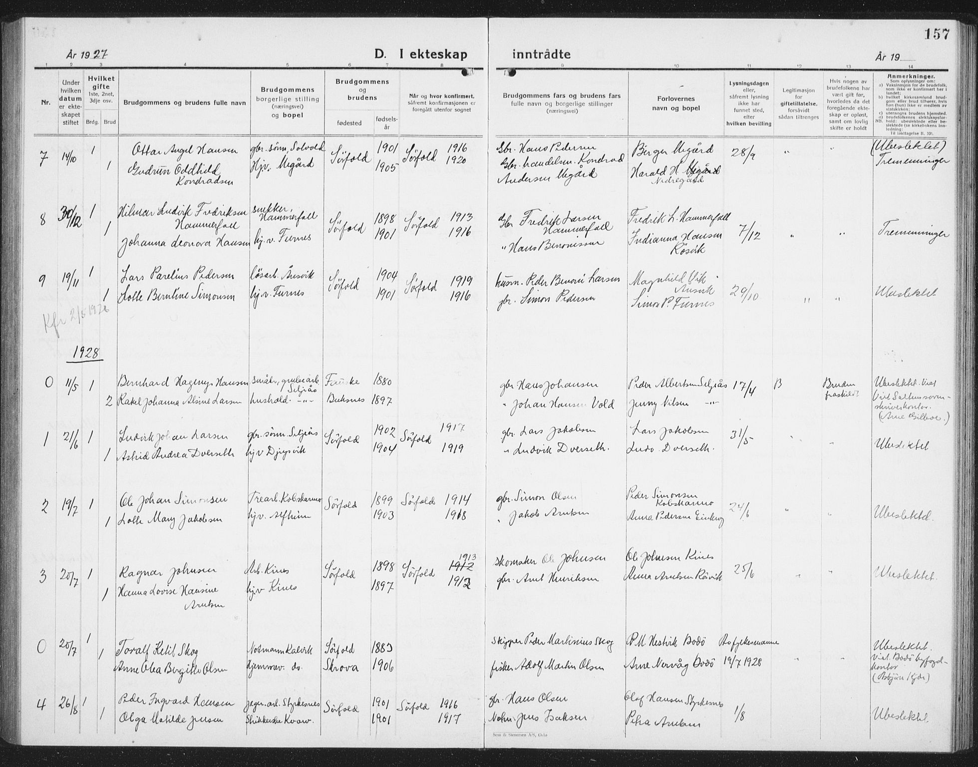 Ministerialprotokoller, klokkerbøker og fødselsregistre - Nordland, AV/SAT-A-1459/854/L0788: Parish register (copy) no. 854C04, 1926-1940, p. 157