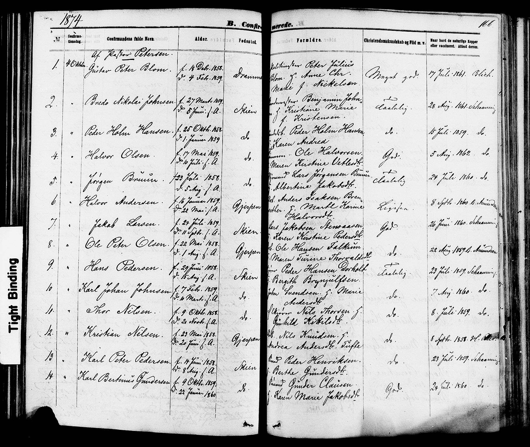 Skien kirkebøker, AV/SAKO-A-302/F/Fa/L0008: Parish register (official) no. 8, 1866-1877, p. 166