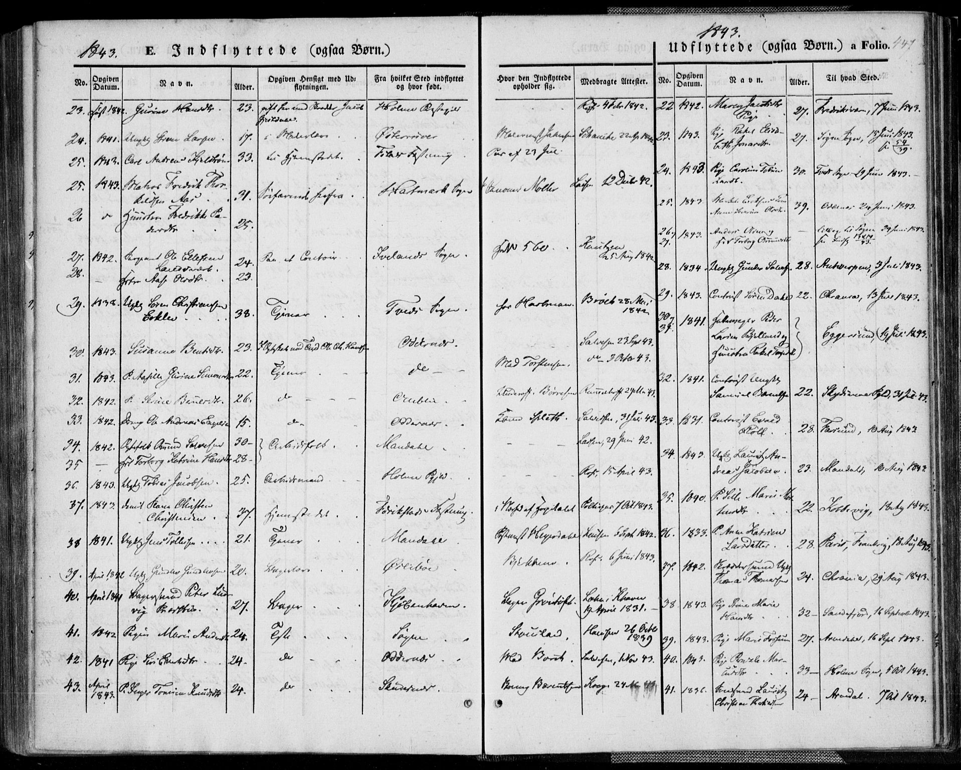 Kristiansand domprosti, AV/SAK-1112-0006/F/Fa/L0013: Parish register (official) no. A 13, 1842-1851, p. 447