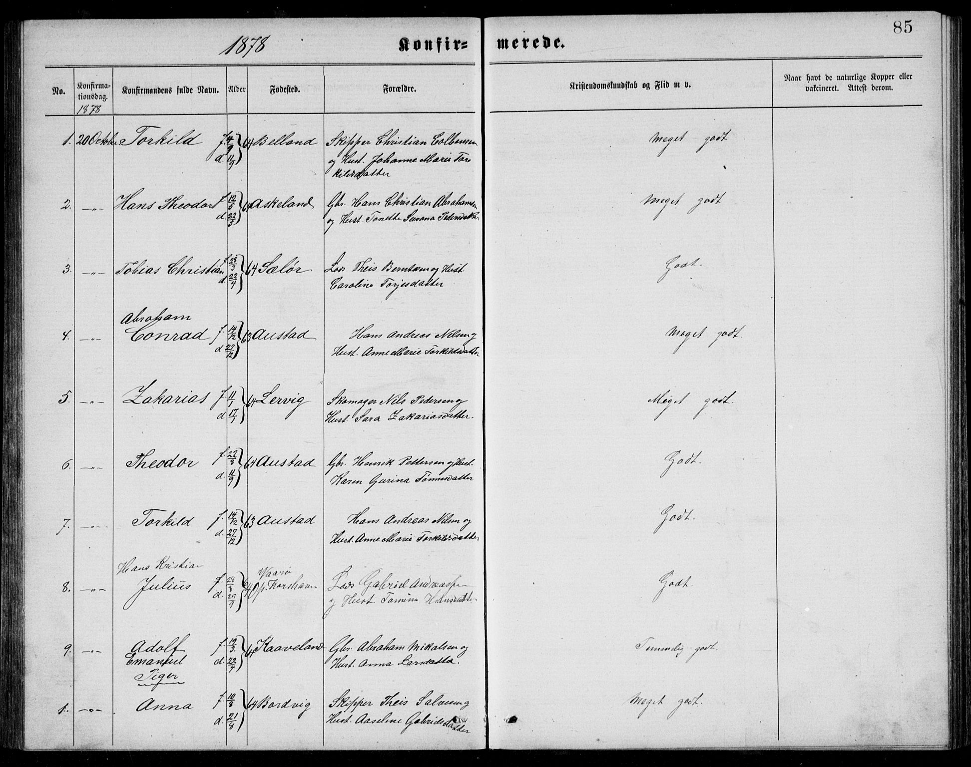 Lyngdal sokneprestkontor, AV/SAK-1111-0029/F/Fb/Fba/L0002: Parish register (copy) no. B 2, 1876-1886, p. 85