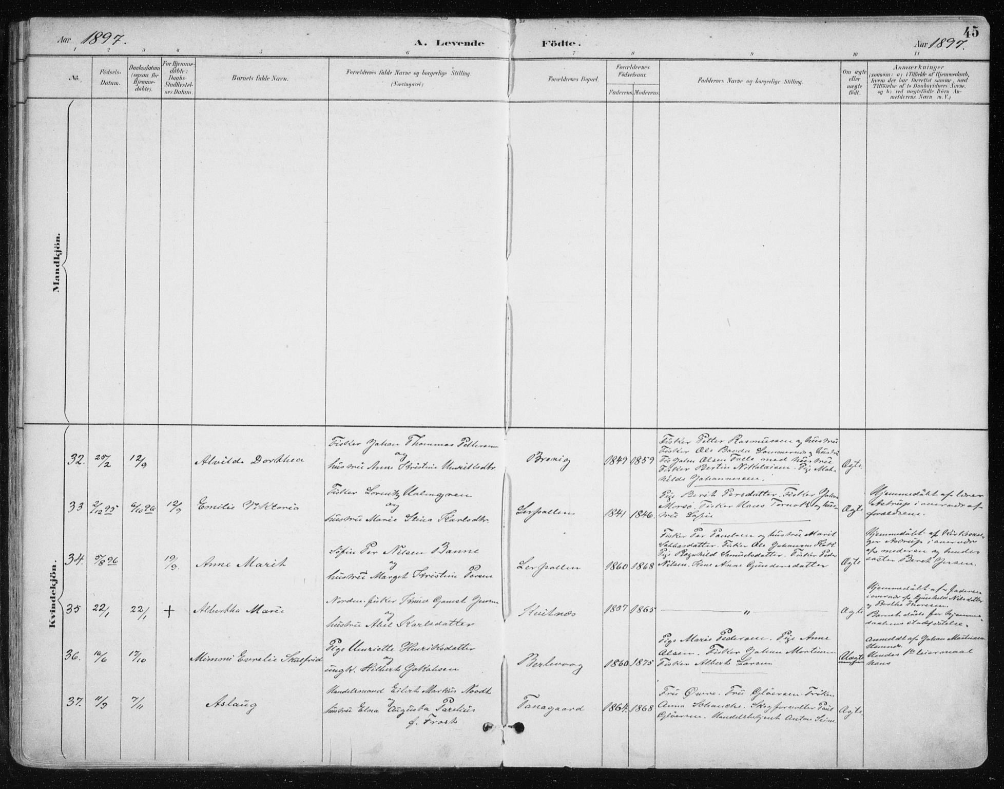 Tana sokneprestkontor, AV/SATØ-S-1334/H/Ha/L0005kirke: Parish register (official) no. 5, 1891-1903, p. 45