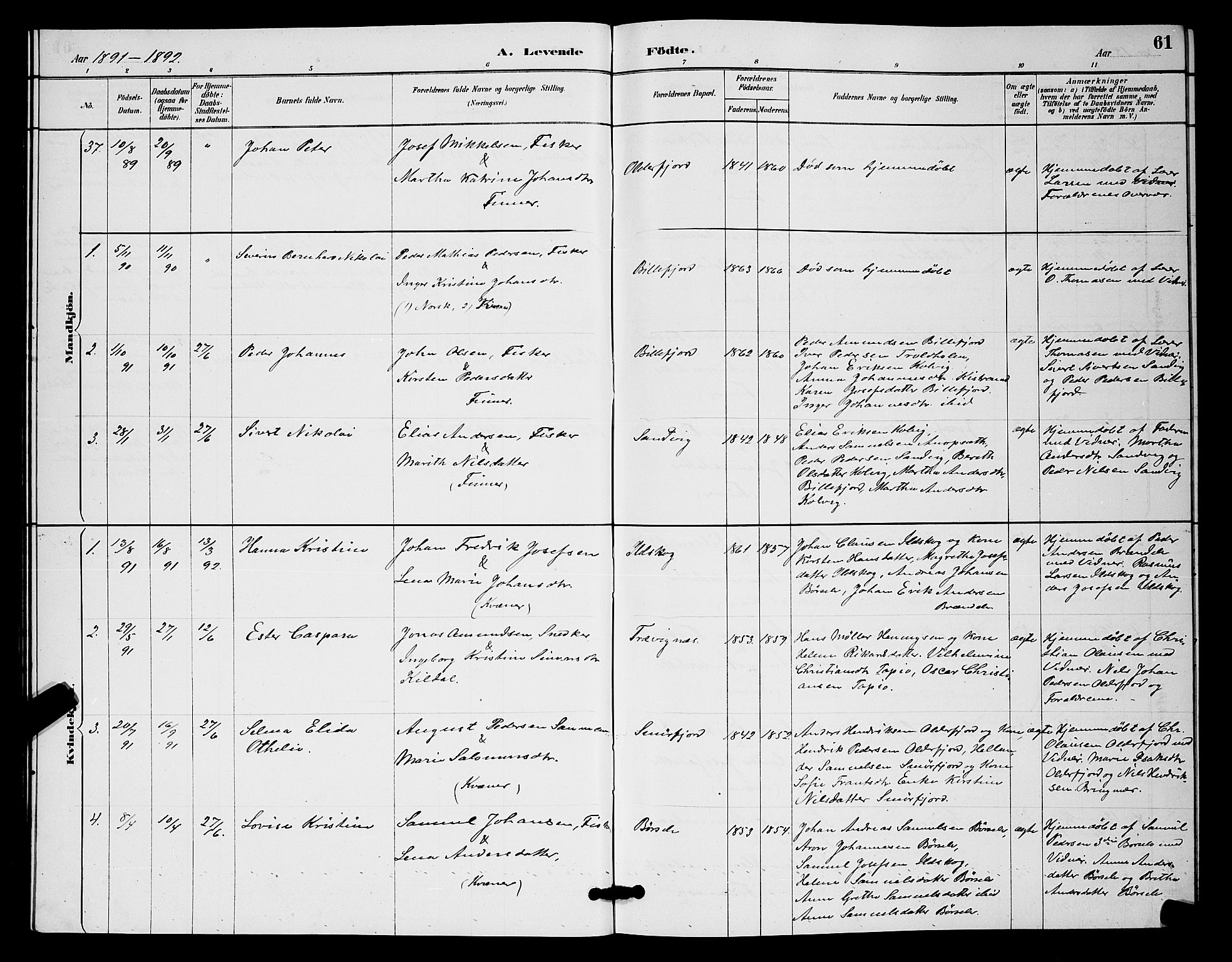 Kistrand/Porsanger sokneprestembete, SATØ/S-1351/H/Hb/L0004.klokk: Parish register (copy) no. 4, 1885-1894, p. 61