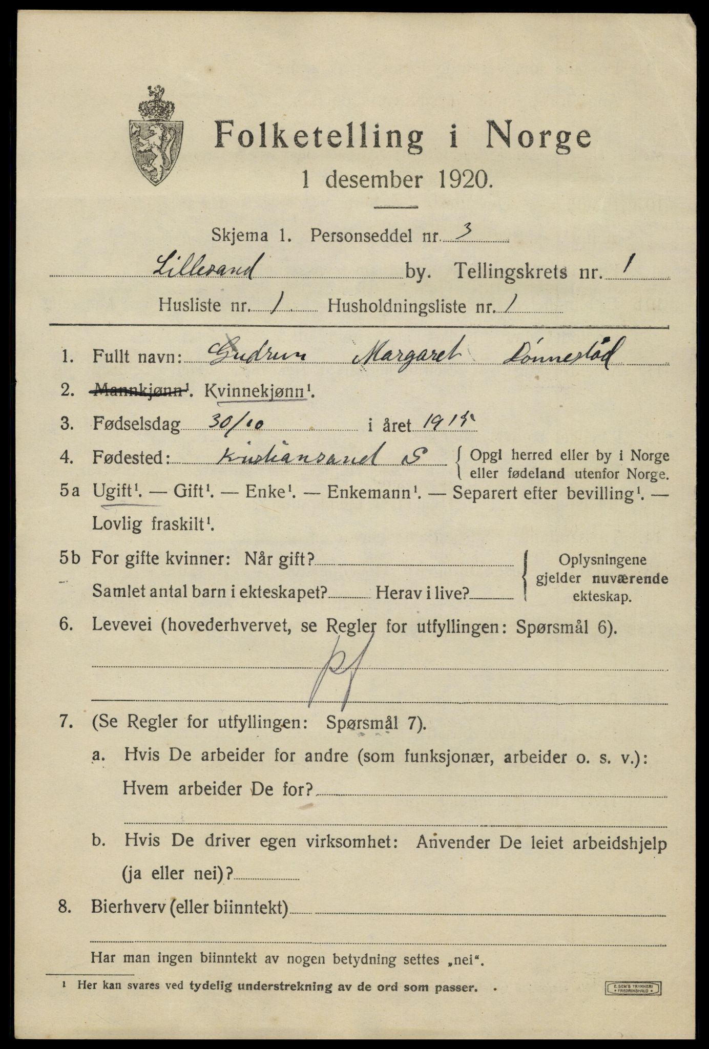 SAK, 1920 census for Lillesand, 1920, p. 1153