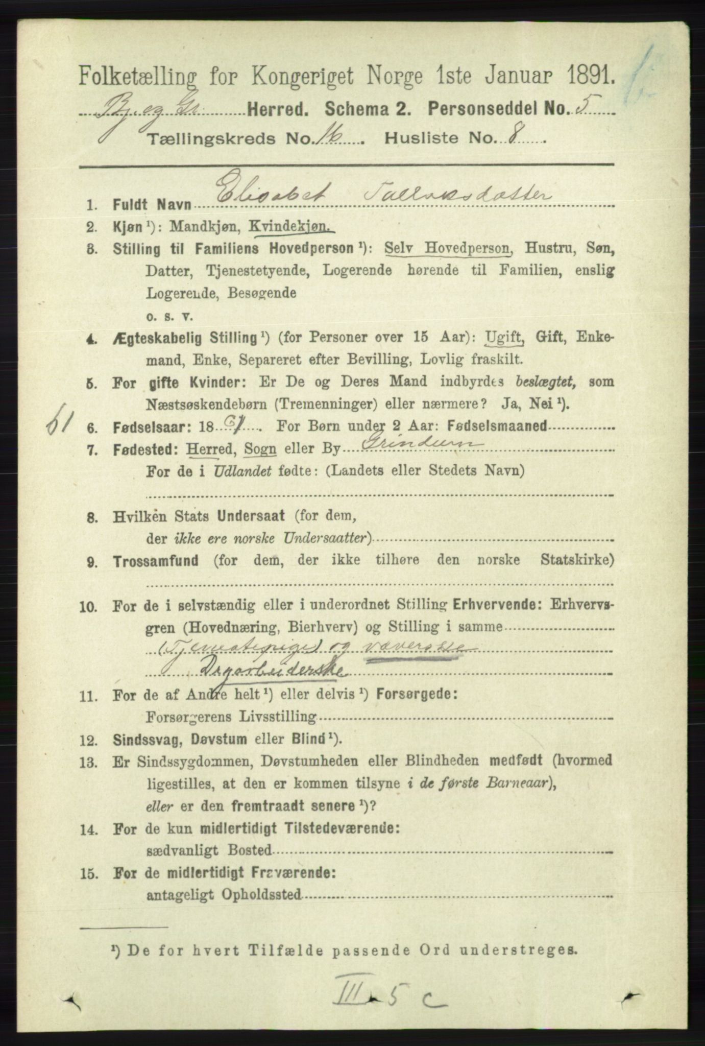 RA, 1891 census for 1024 Bjelland og Grindheim, 1891, p. 811
