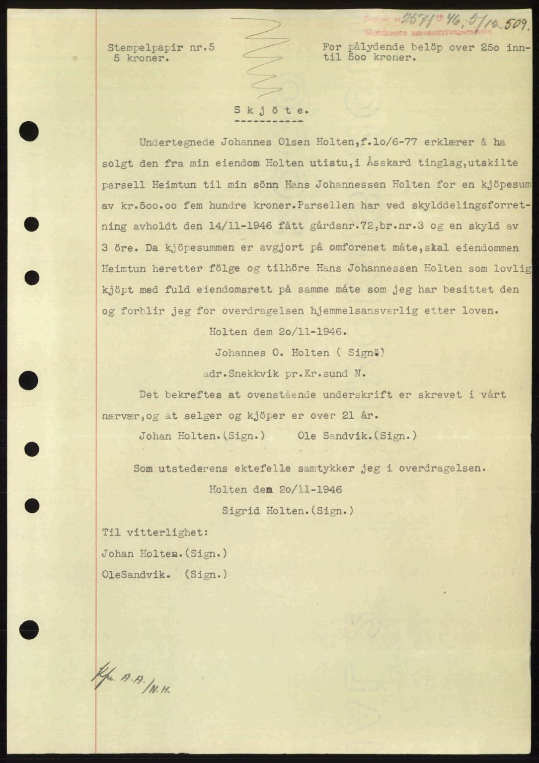 Nordmøre sorenskriveri, AV/SAT-A-4132/1/2/2Ca: Mortgage book no. A103, 1946-1947, Diary no: : 2571/1946