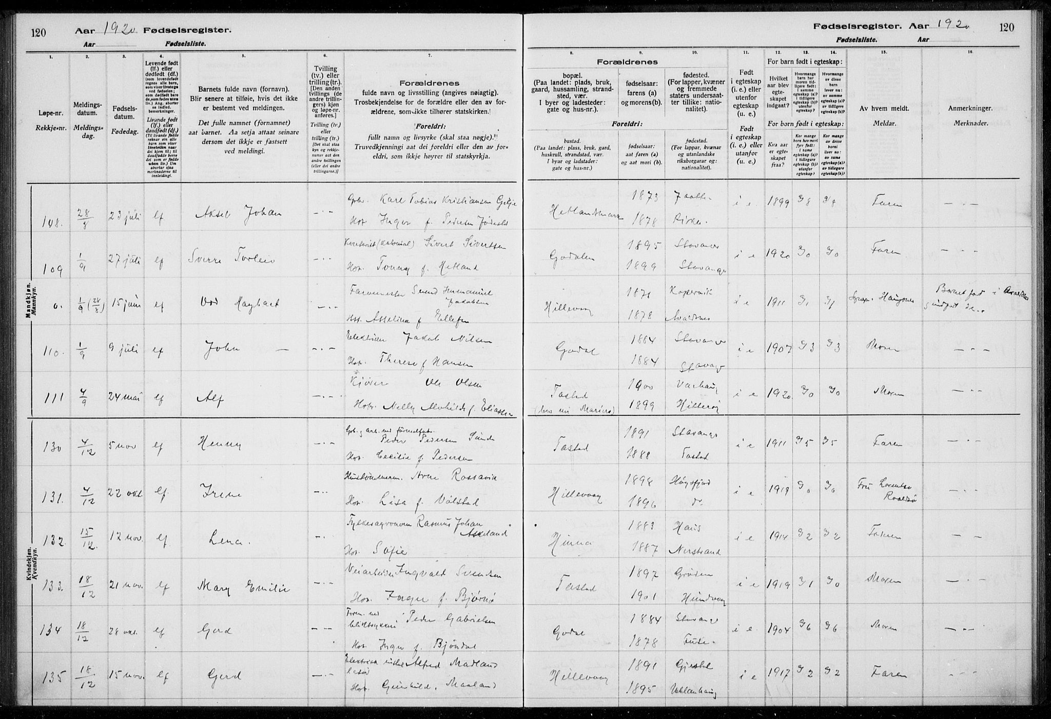 Hetland sokneprestkontor, AV/SAST-A-101826/70/704BA/L0003: Birth register no. 1, 1916-1923, p. 120