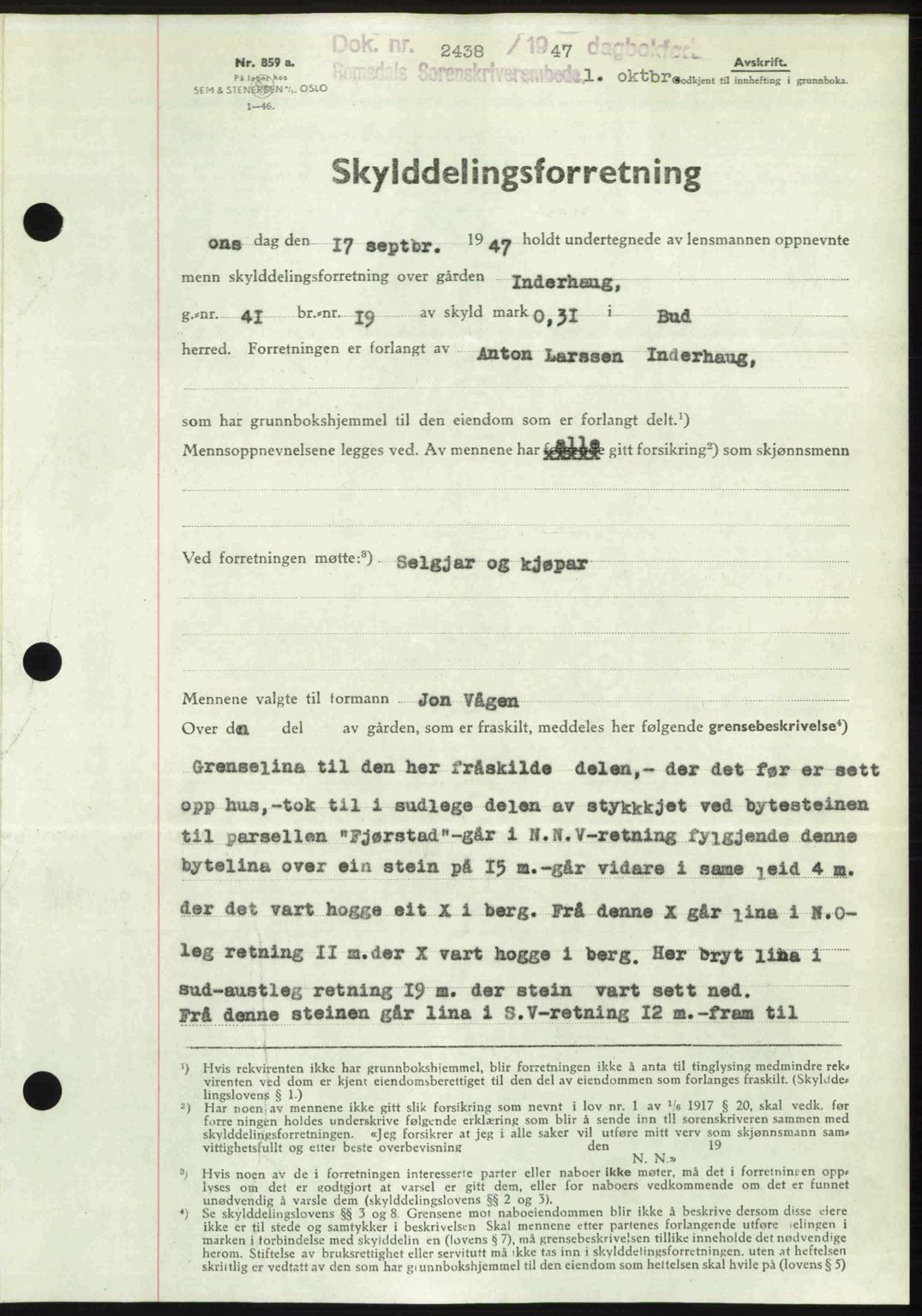 Romsdal sorenskriveri, SAT/A-4149/1/2/2C: Mortgage book no. A24, 1947-1947, Diary no: : 2438/1947