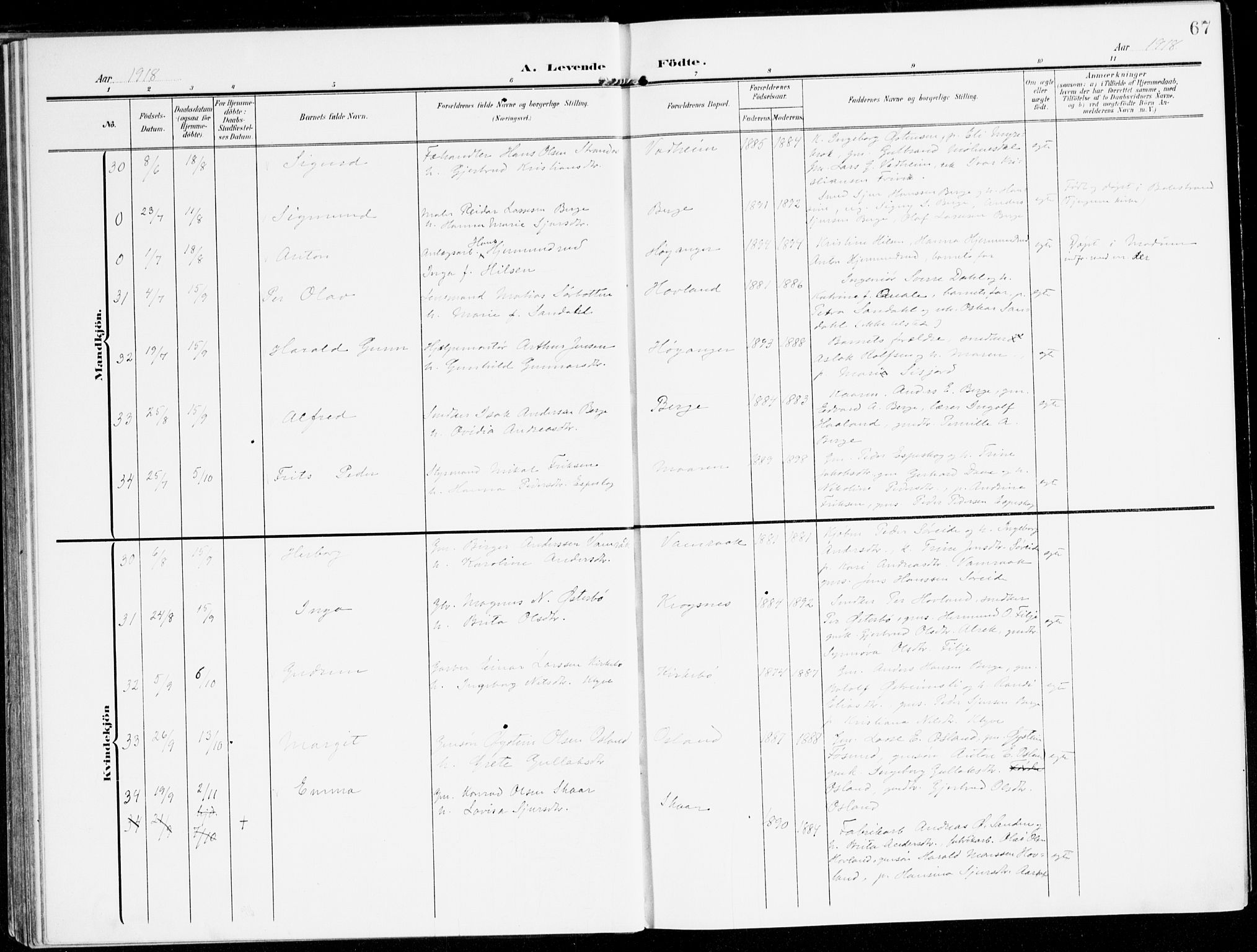 Lavik sokneprestembete, AV/SAB-A-80901: Parish register (official) no. C 2, 1904-1921, p. 67