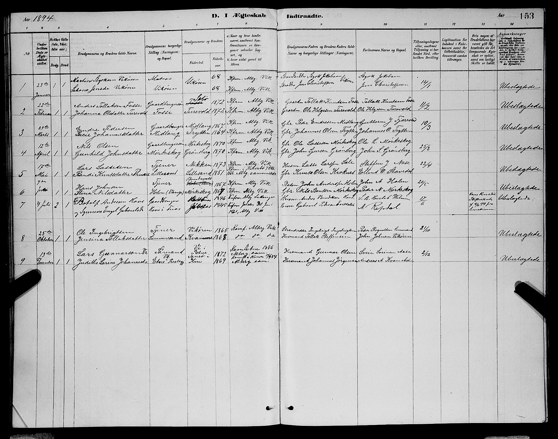 Vik sokneprestembete, SAB/A-81501: Parish register (copy) no. A 3, 1878-1894, p. 153