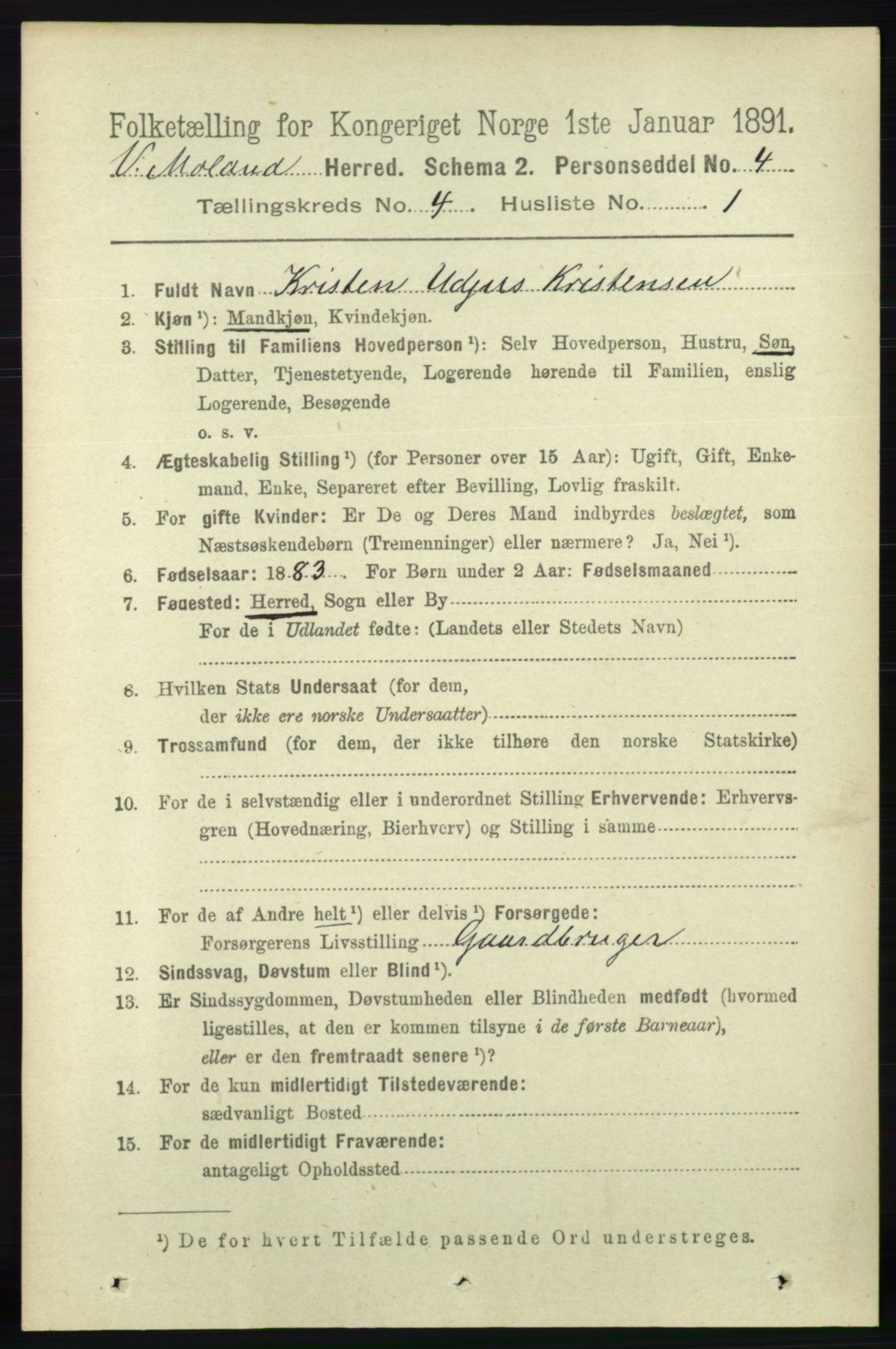 RA, 1891 census for 0926 Vestre Moland, 1891, p. 1227