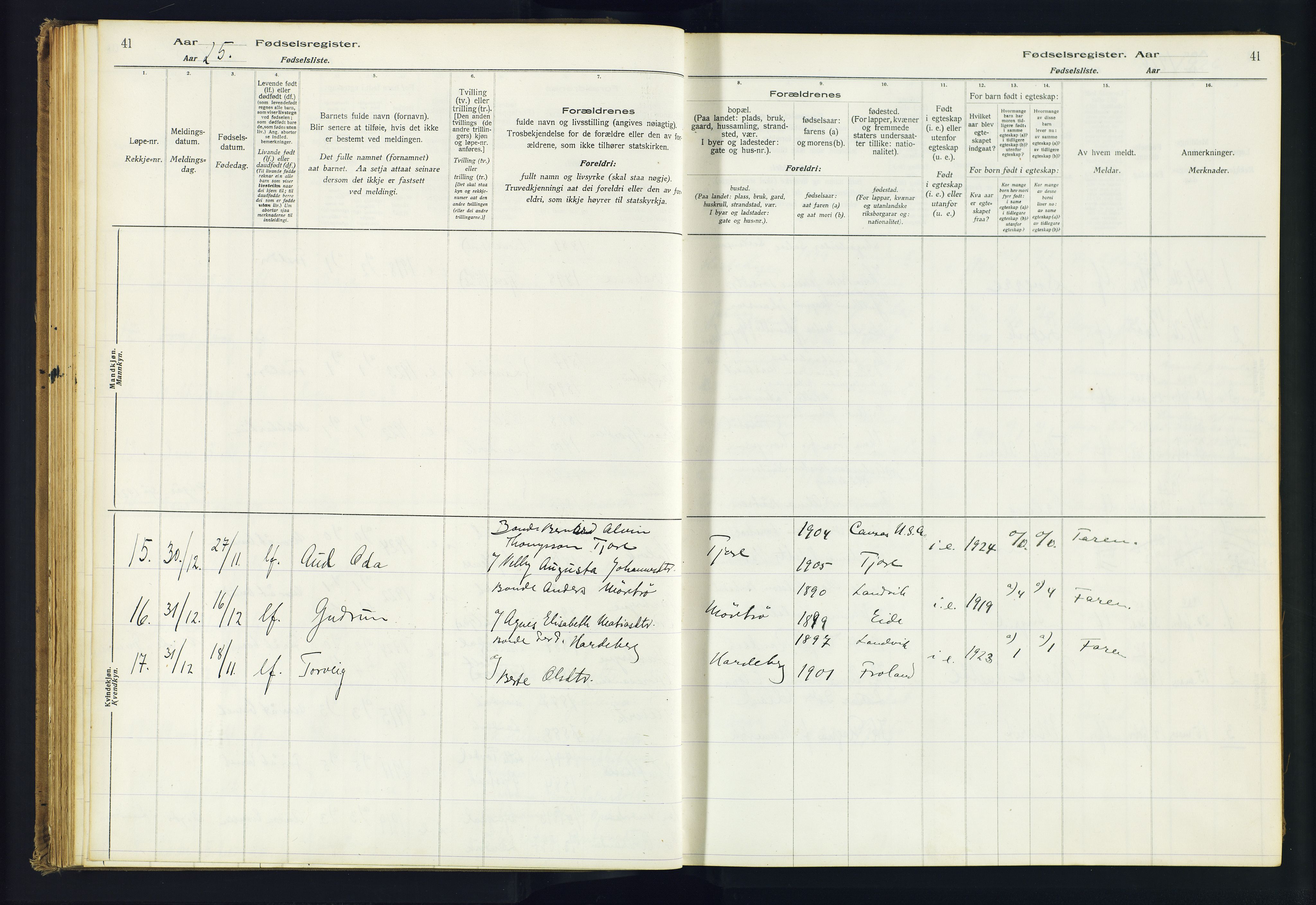 Hommedal sokneprestkontor, AV/SAK-1111-0023/J/Jd/L0001: Birth register no. 1, 1916-1962, p. 41