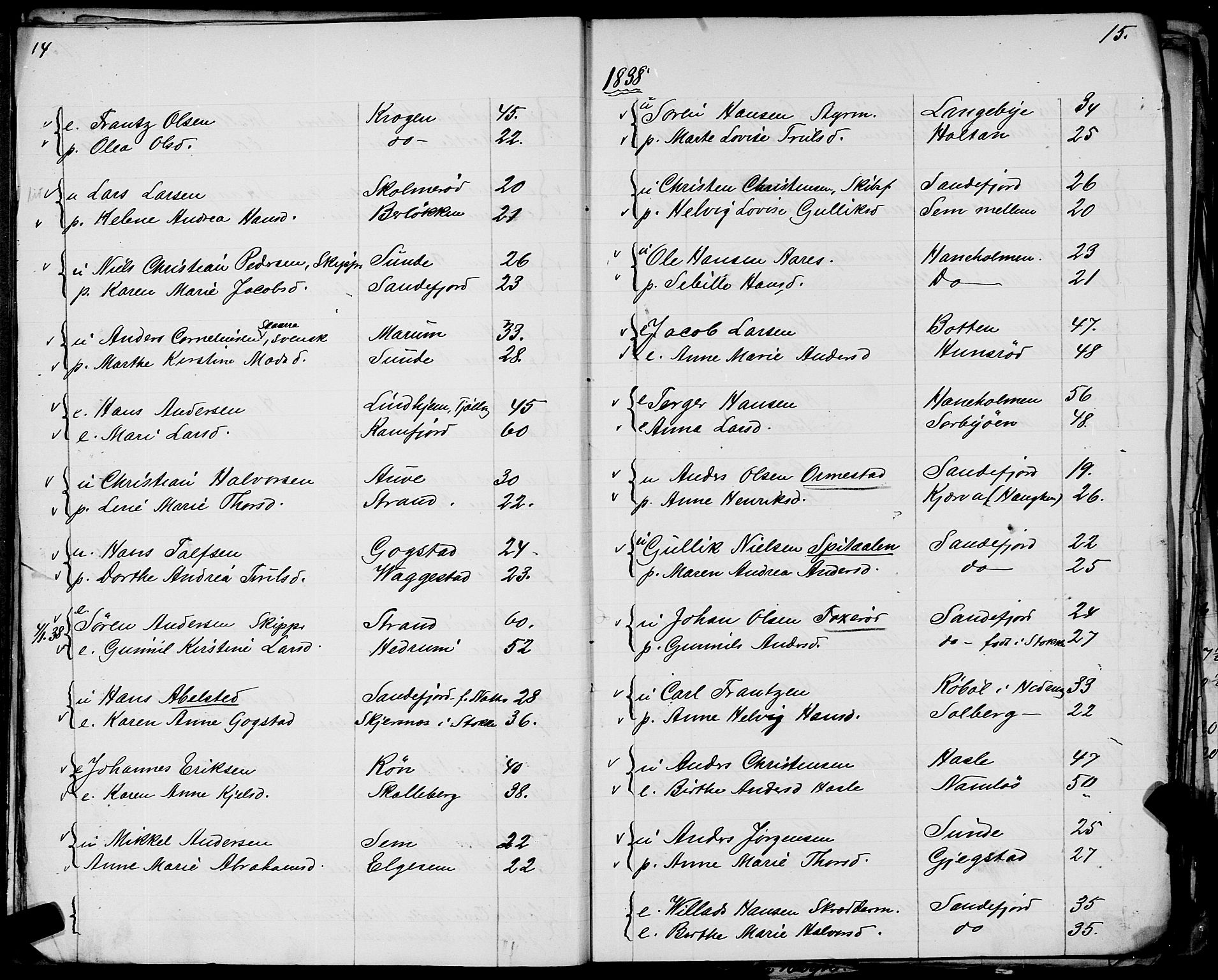 Sandar sokneprestkontor, AV/SAKO-A-242/Y/Ya/L0006: Other parish register no. 1 /1, 1709-1871, p. 14-15