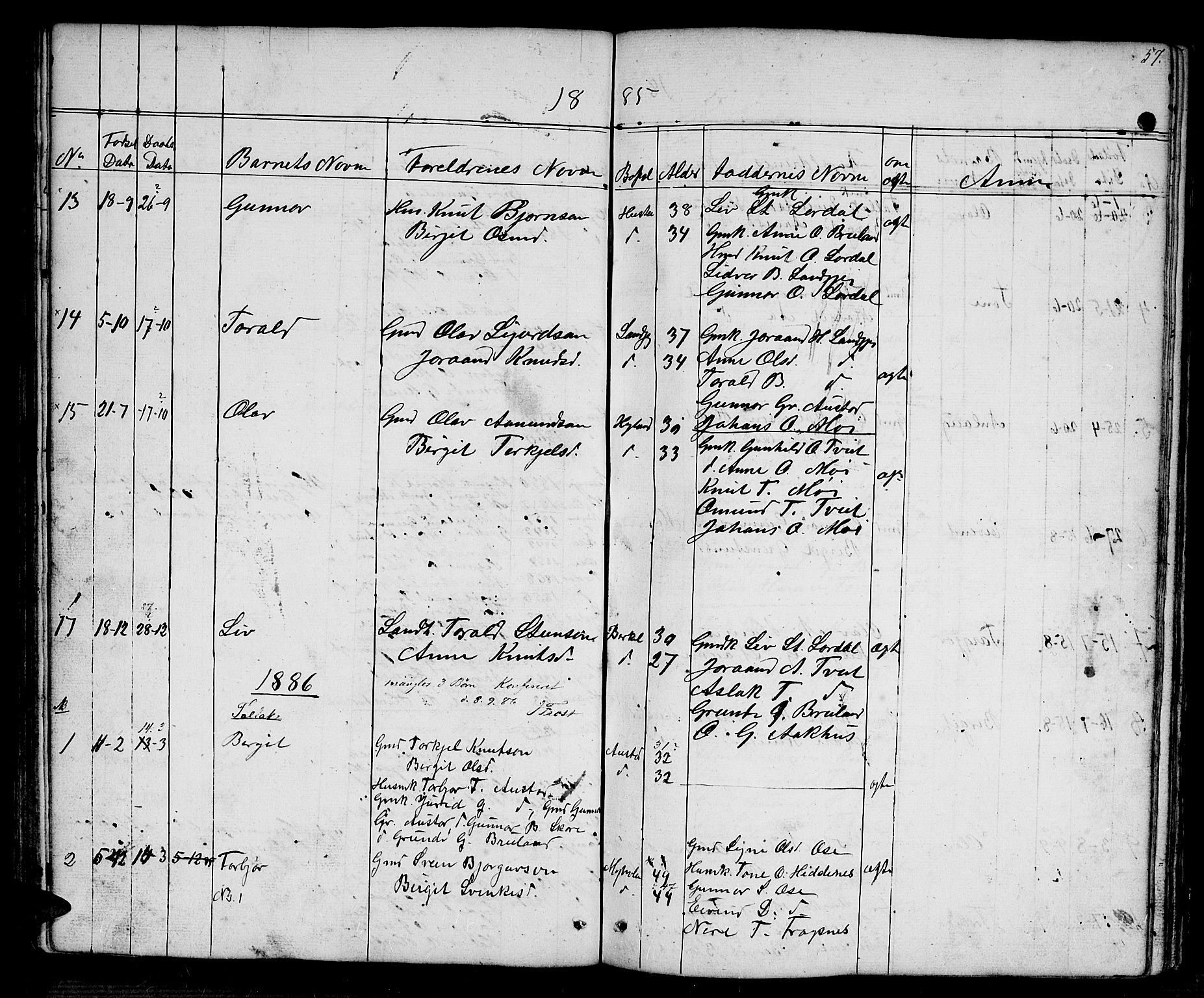 Bygland sokneprestkontor, SAK/1111-0006/F/Fb/Fba/L0001: Parish register (copy) no. B 1, 1848-1886, p. 57