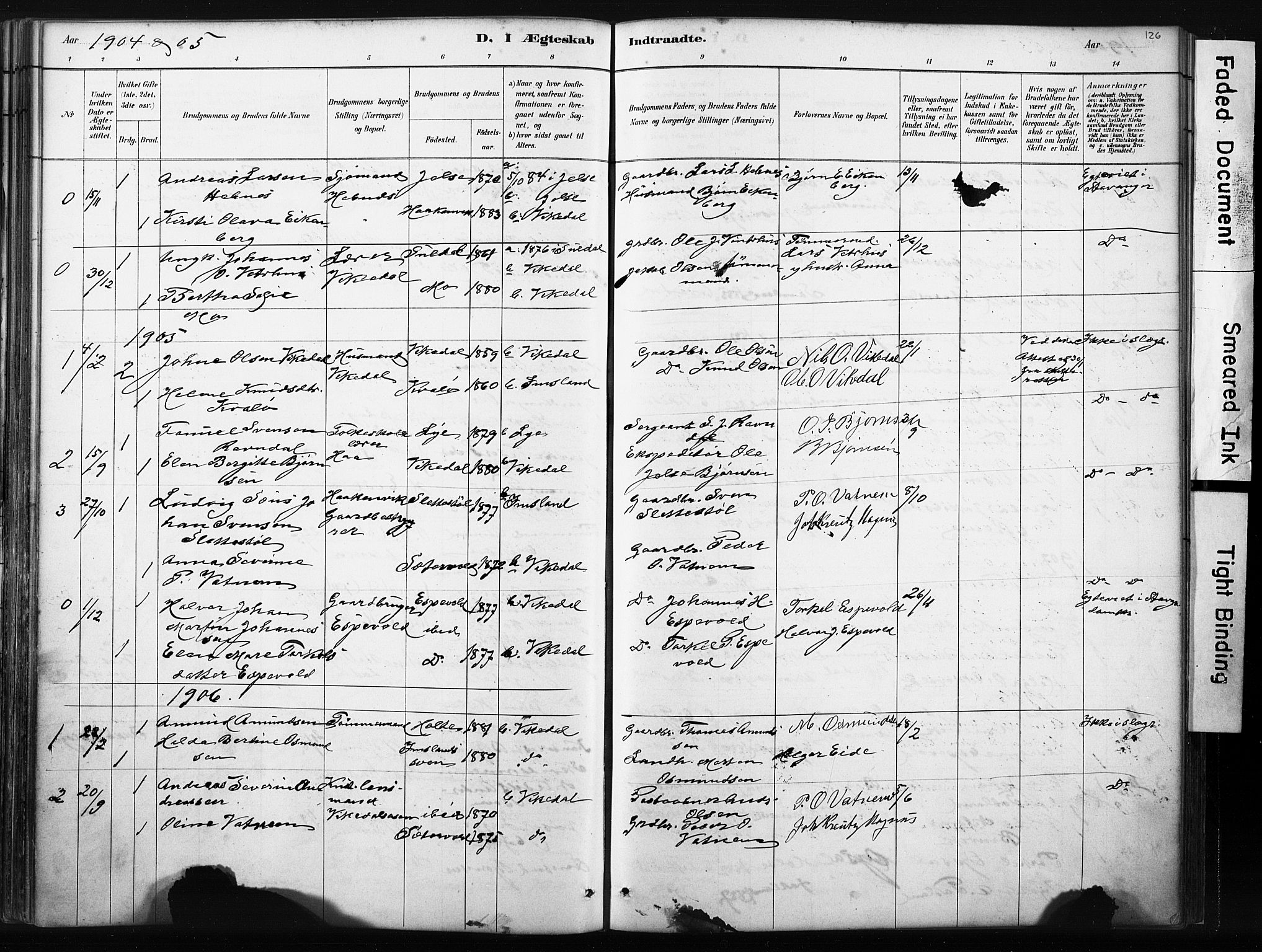 Vikedal sokneprestkontor, AV/SAST-A-101840/01/IV: Parish register (official) no. A 10, 1884-1907, p. 126