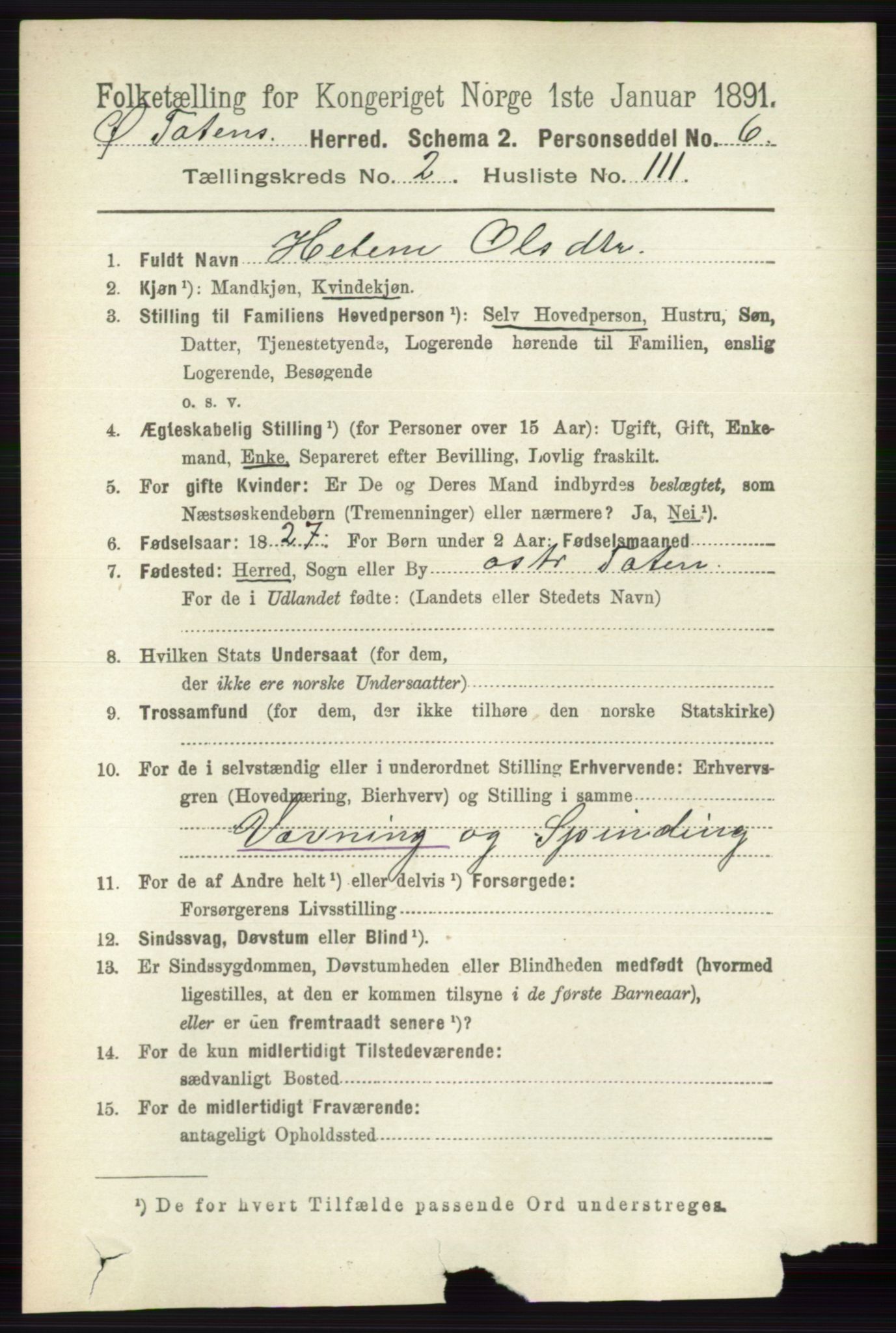 RA, 1891 census for 0528 Østre Toten, 1891, p. 1421