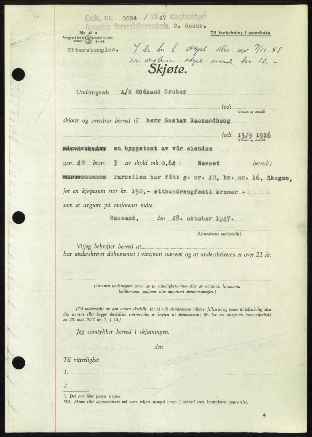 Romsdal sorenskriveri, AV/SAT-A-4149/1/2/2C: Mortgage book no. A24, 1947-1947, Diary no: : 3034/1947