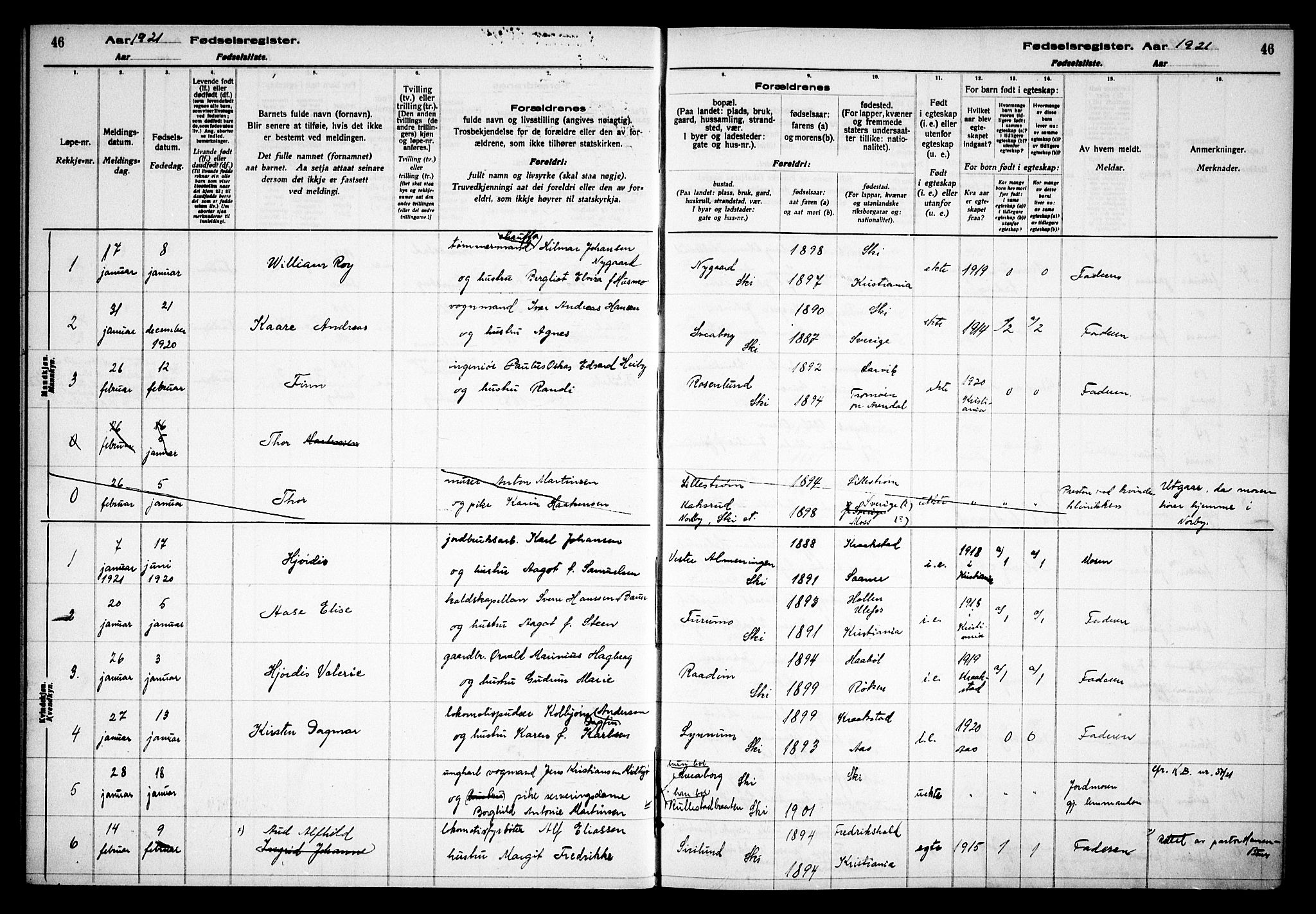 Kråkstad prestekontor Kirkebøker, AV/SAO-A-10125a/J/Jb/L0001: Birth register no. II 1, 1916-1936, p. 46