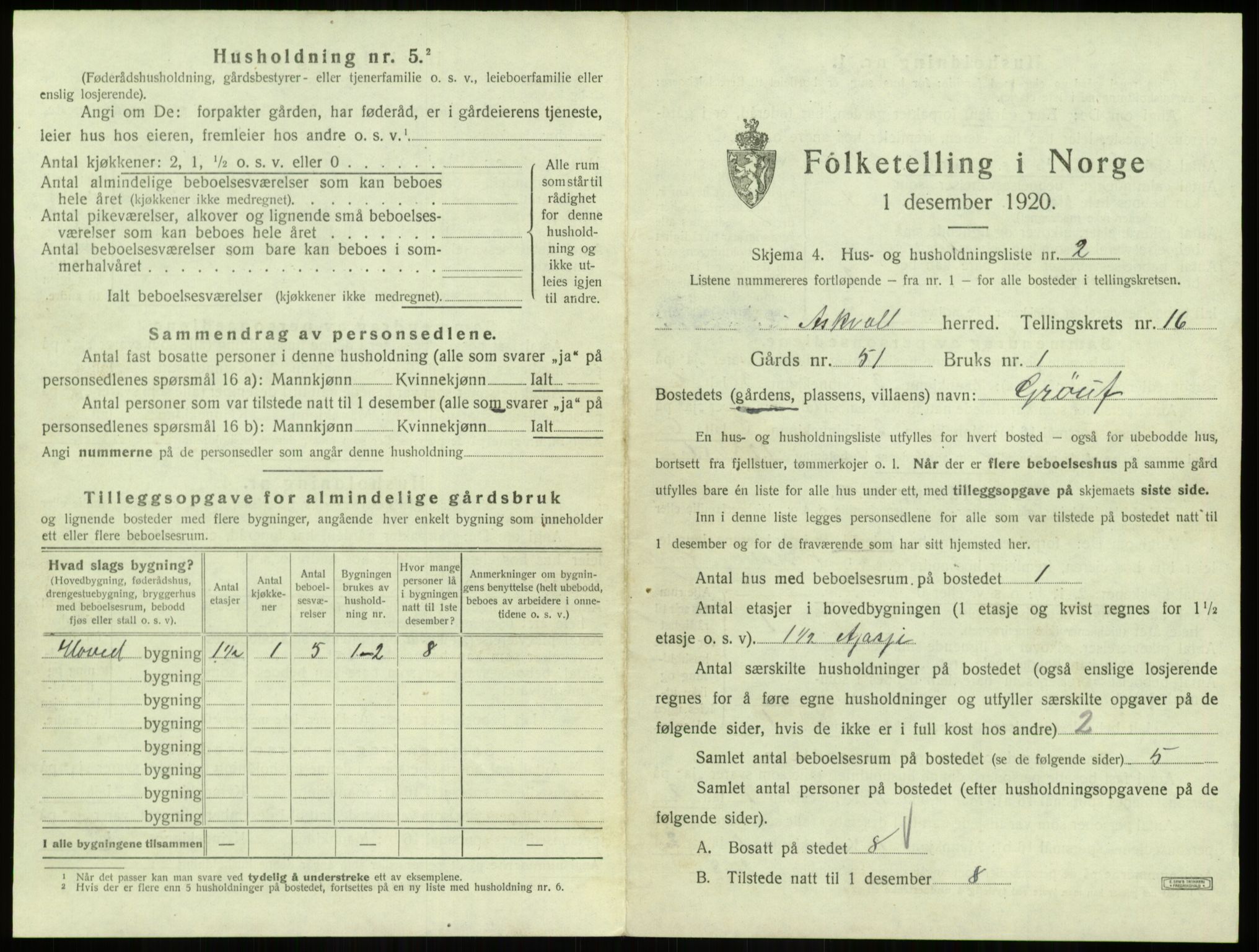 SAB, 1920 census for Askvoll, 1920, p. 837