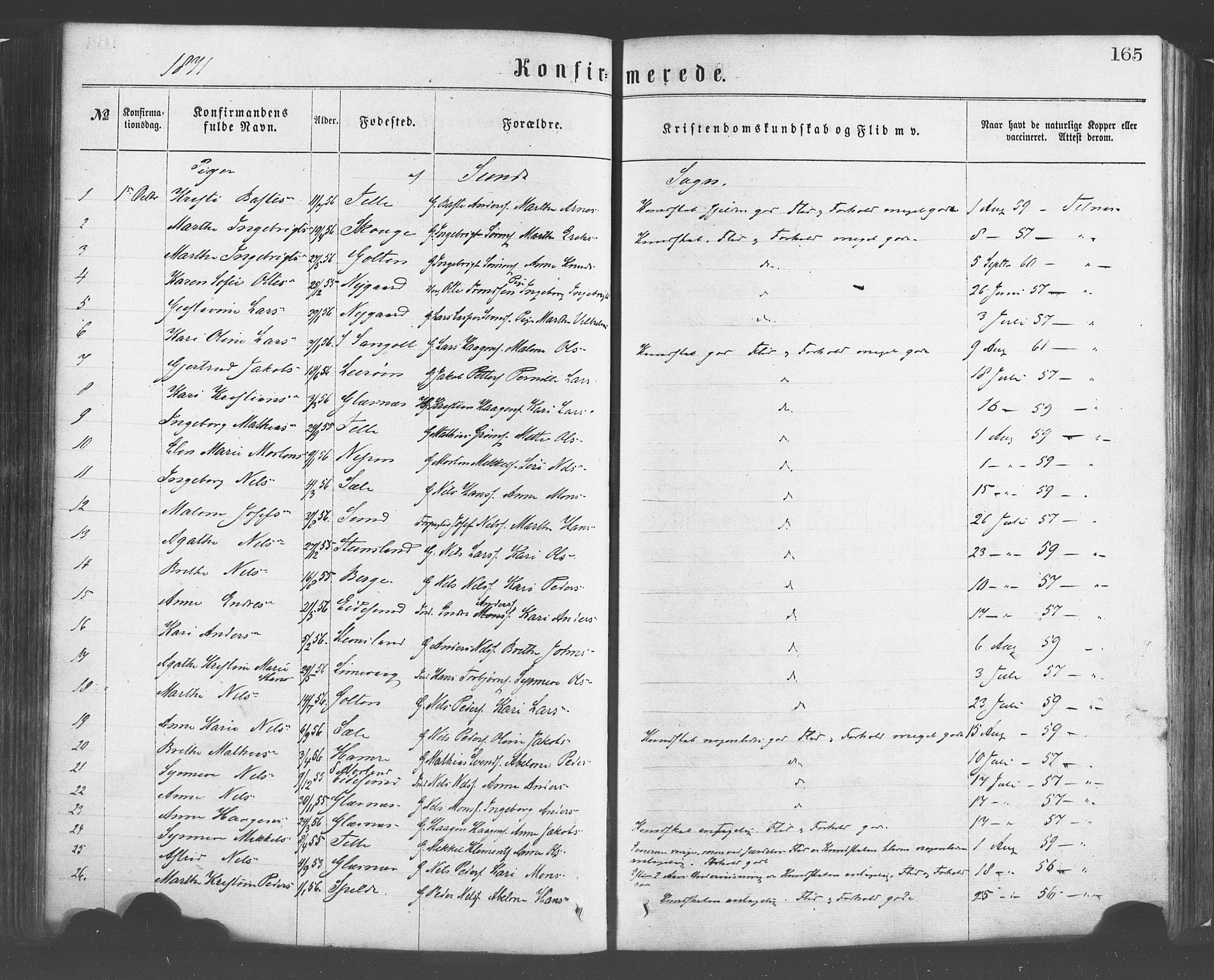 Sund sokneprestembete, AV/SAB-A-99930: Parish register (official) no. A 15, 1867-1881, p. 165