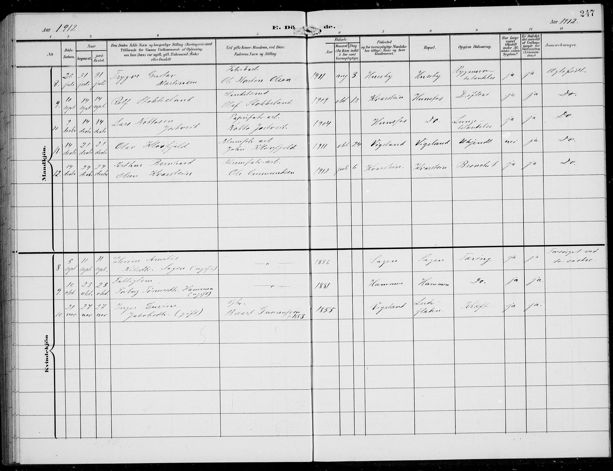 Vennesla sokneprestkontor, AV/SAK-1111-0045/Fb/Fbb/L0005: Parish register (copy) no. B 5, 1903-1913, p. 247