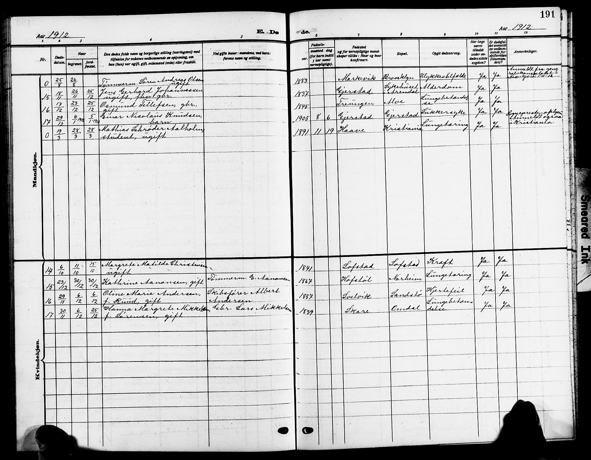 Tromøy sokneprestkontor, SAK/1111-0041/F/Fb/L0007: Parish register (copy) no. B 7, 1908-1925, p. 191