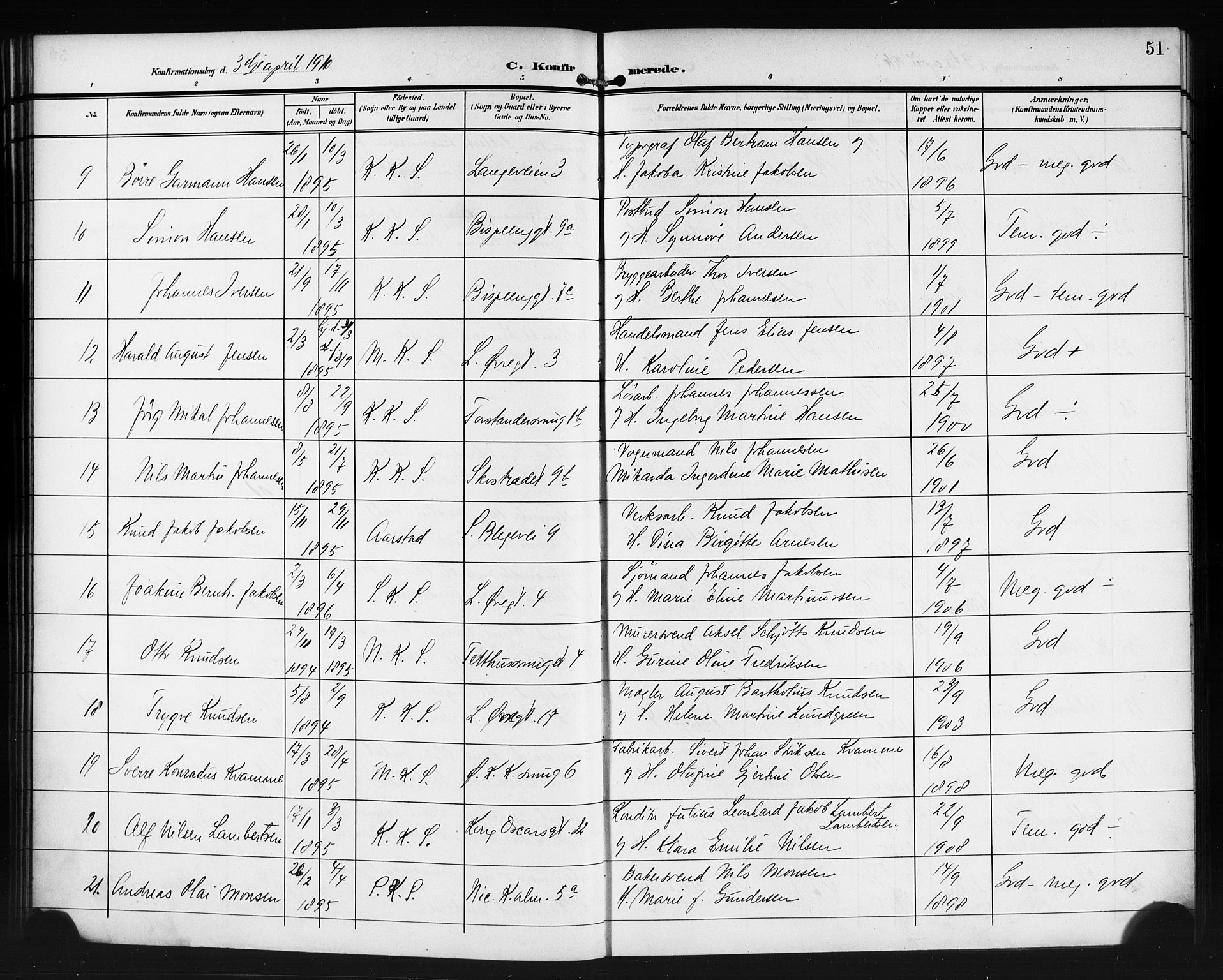 Korskirken sokneprestembete, SAB/A-76101/H/Haa/L0031: Parish register (official) no. C 7, 1907-1921, p. 51
