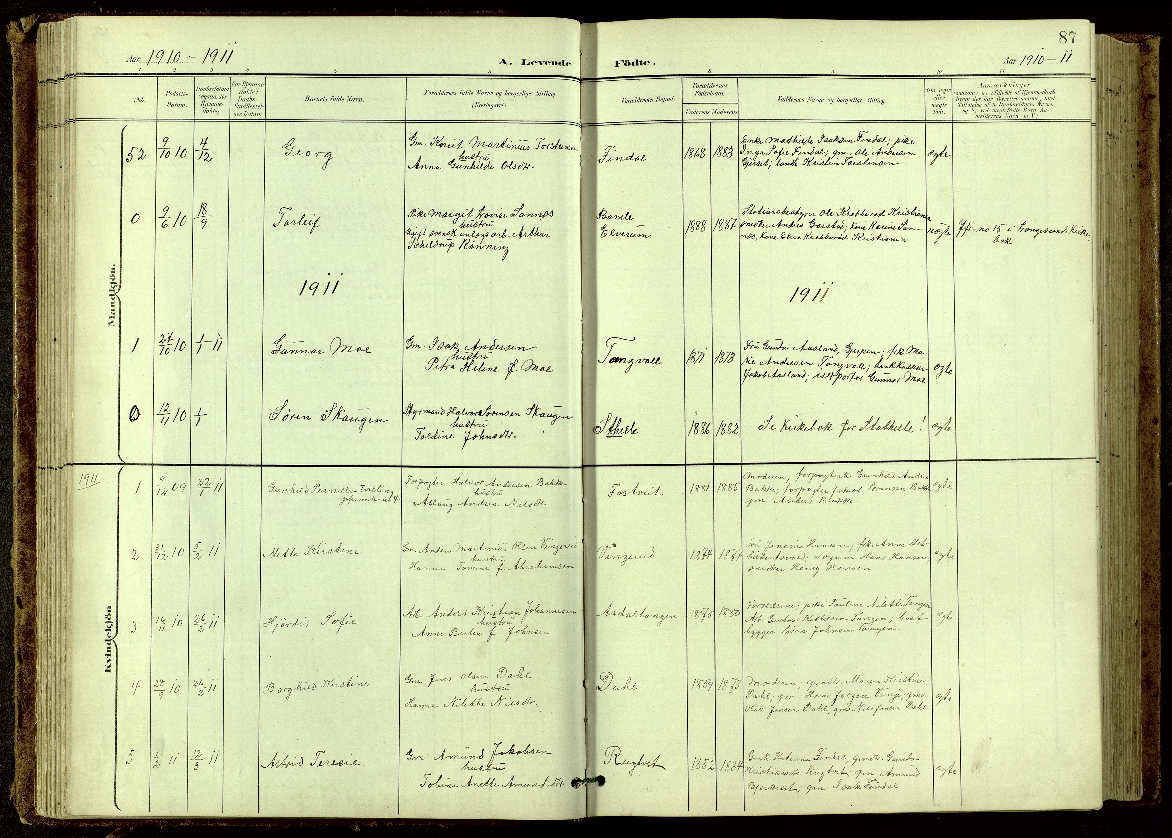Bamble kirkebøker, SAKO/A-253/G/Ga/L0010: Parish register (copy) no. I 10, 1901-1919, p. 87