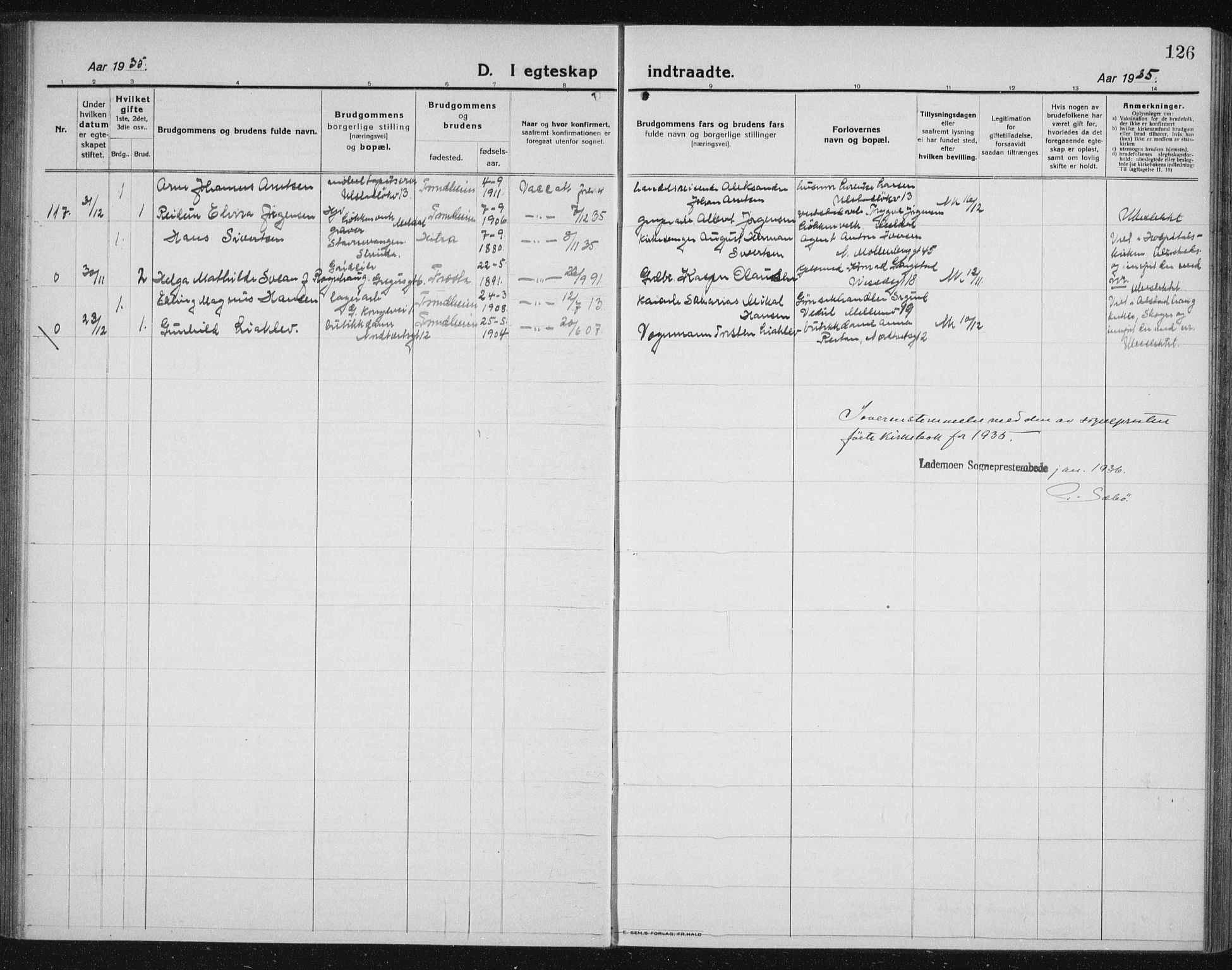 Ministerialprotokoller, klokkerbøker og fødselsregistre - Sør-Trøndelag, AV/SAT-A-1456/605/L0260: Parish register (copy) no. 605C07, 1922-1942, p. 126