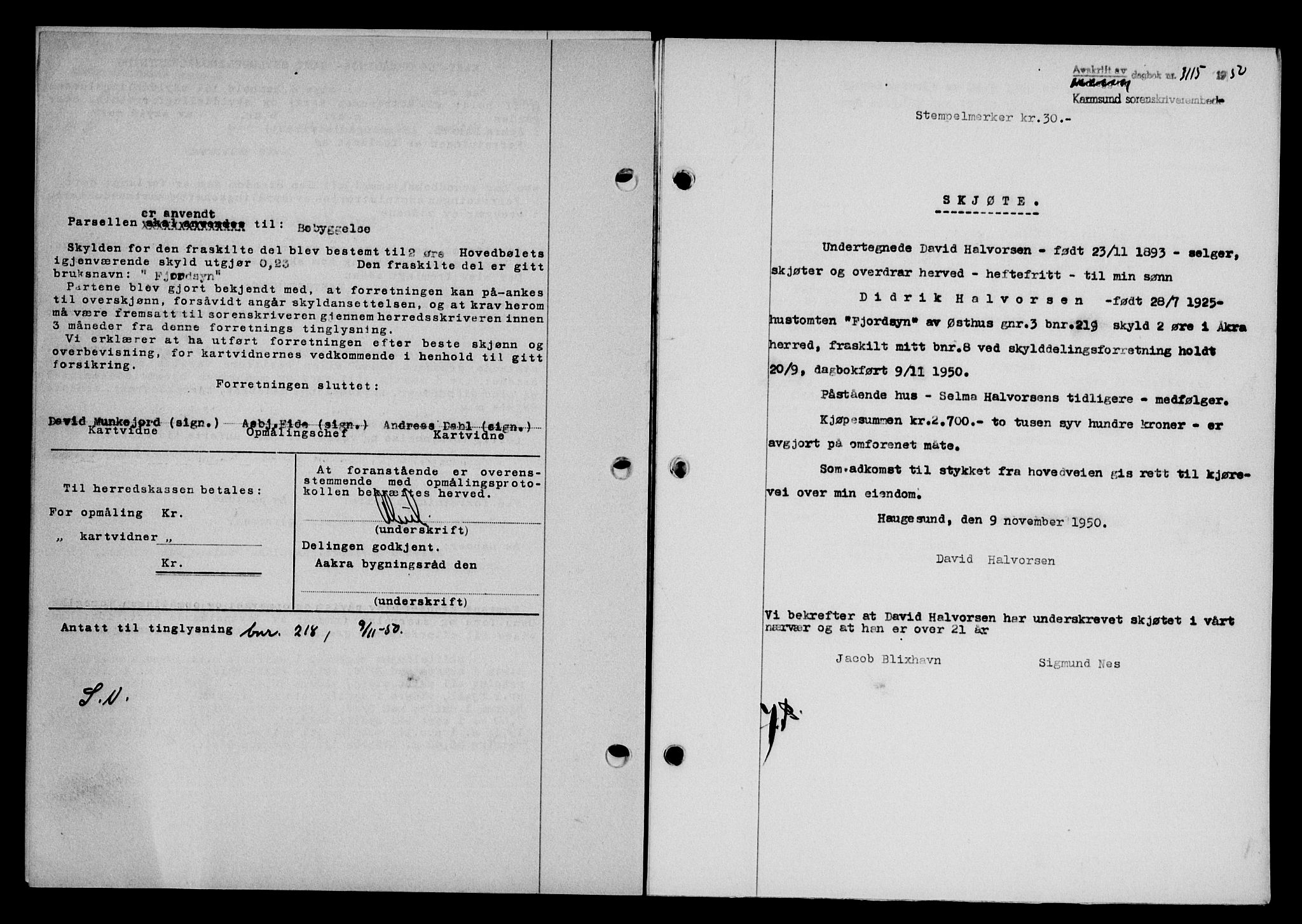 Karmsund sorenskriveri, SAST/A-100311/01/II/IIB/L0101: Mortgage book no. 81A, 1950-1951, Diary no: : 3115/1950